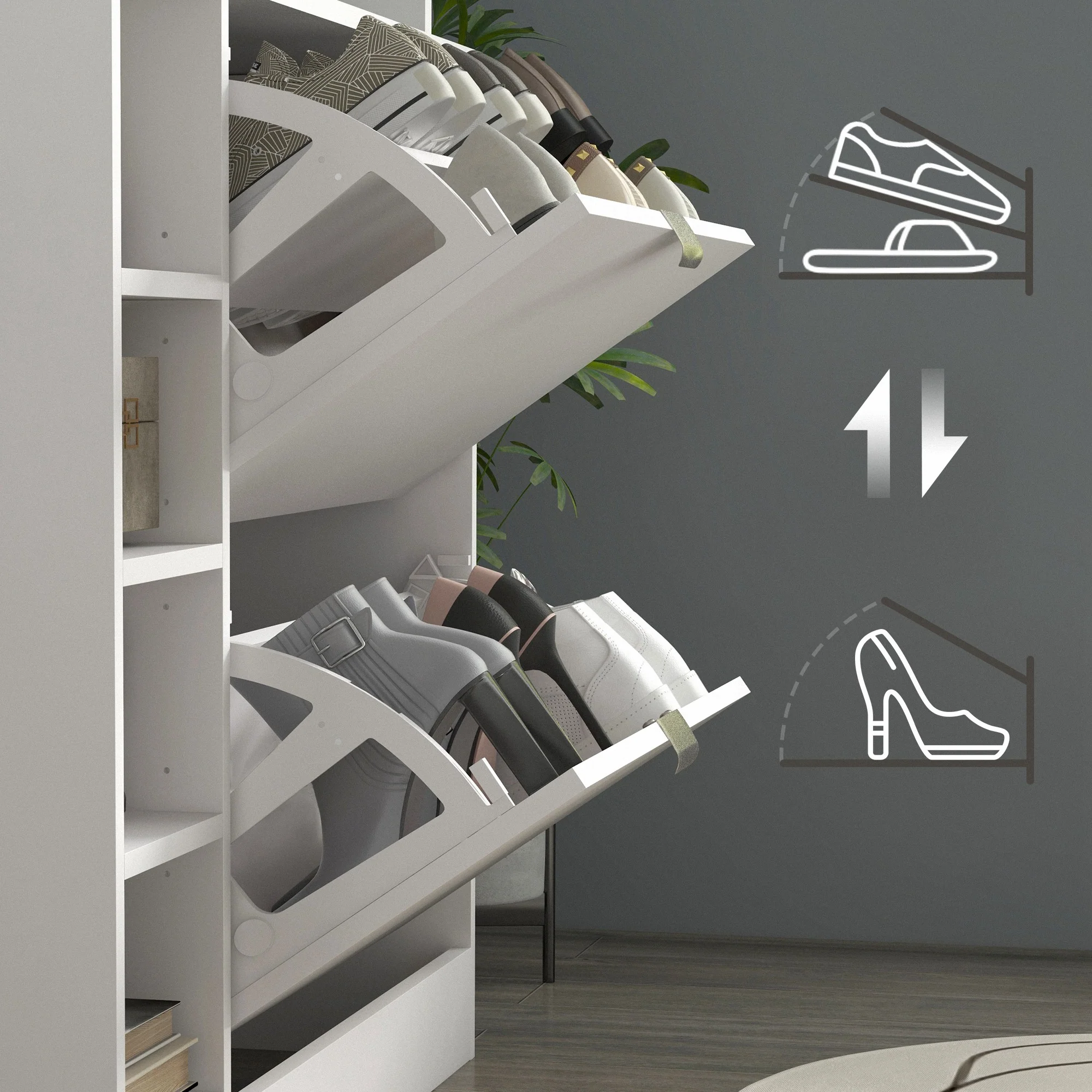 Meuble à chaussures moderne avec deux tiroirs rabattables pour 12 paires, armoire à chaussures avec plateau en verre et étagères réglables, 89 x 25 x 92 cm, blanc - Image 9