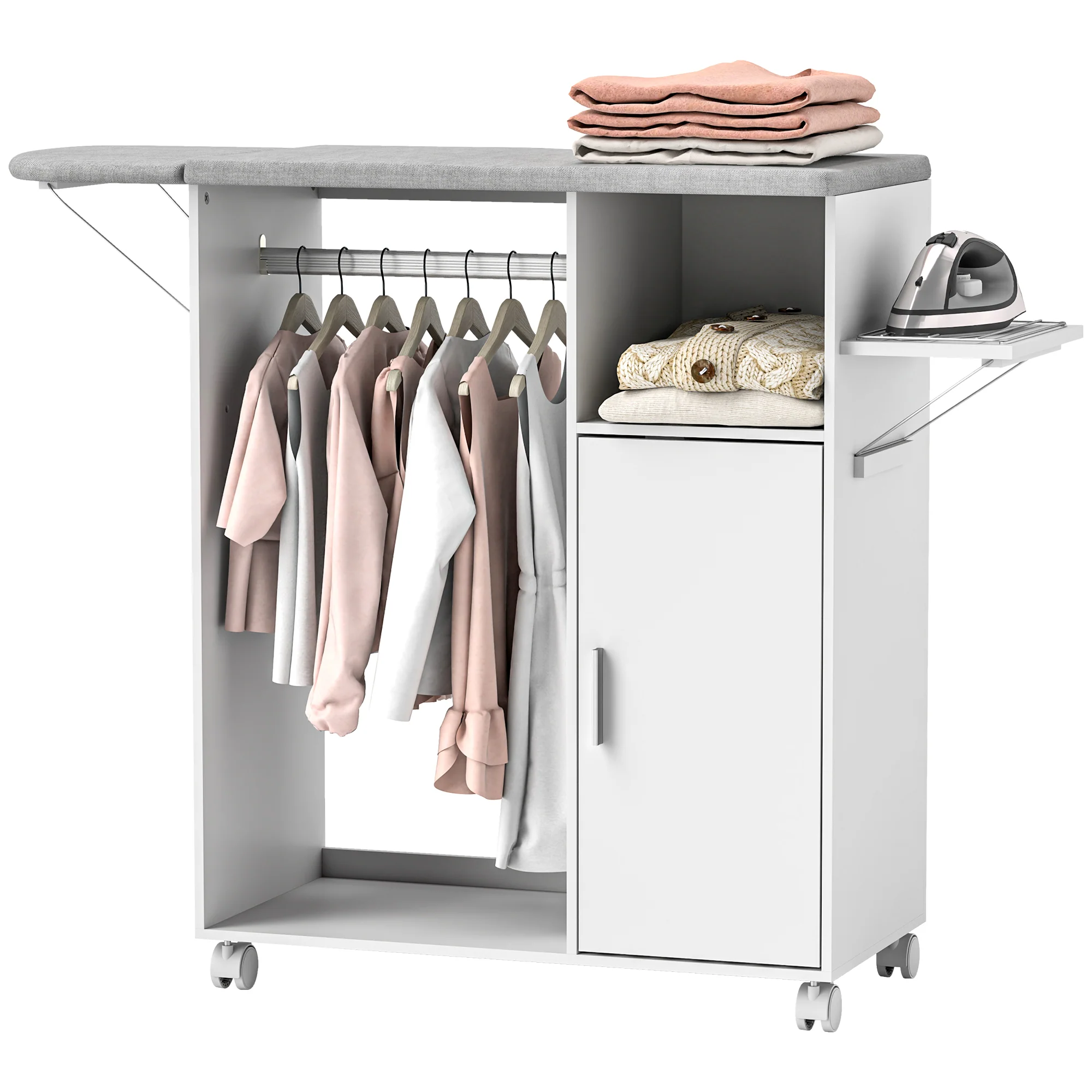 Meuble à repasser sur roulettes, table à repasser pliante, placard à porte, étagère réglable, barre de suspension, compartiment ouvert et support latéral, 127 x 42,5 x 99 cm, blanc - Image 11