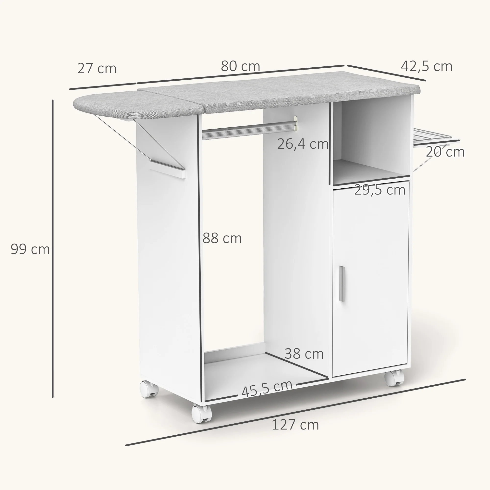 Meuble à repasser sur roulettes, table à repasser pliante, placard à porte, étagère réglable, barre de suspension, compartiment ouvert et support latéral, 127 x 42,5 x 99 cm, blanc - Image 4