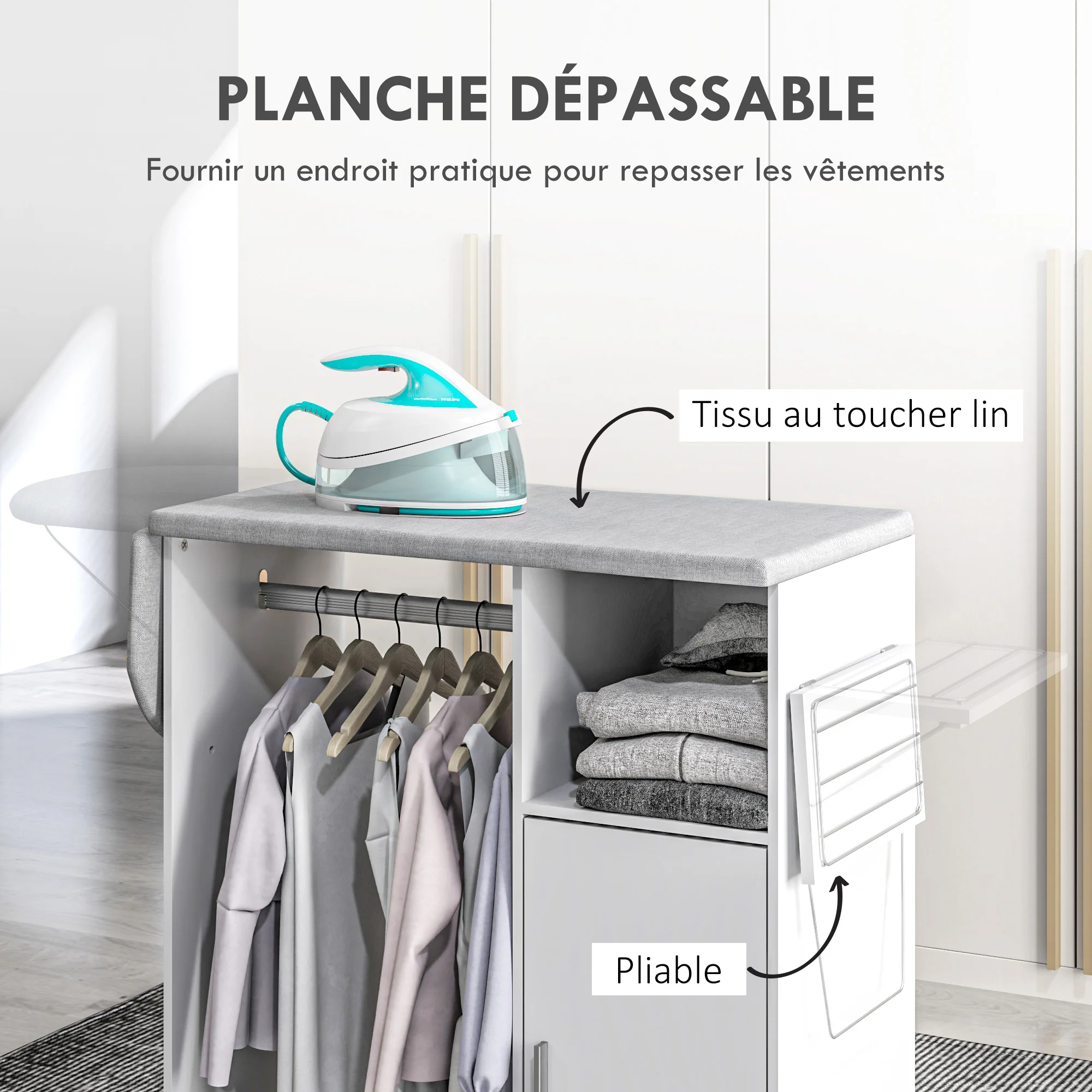 Meuble à repasser sur roulettes, table à repasser pliante, placard à porte, étagère réglable, barre de suspension, compartiment ouvert et support latéral, 127 x 42,5 x 99 cm, blanc - Image 5