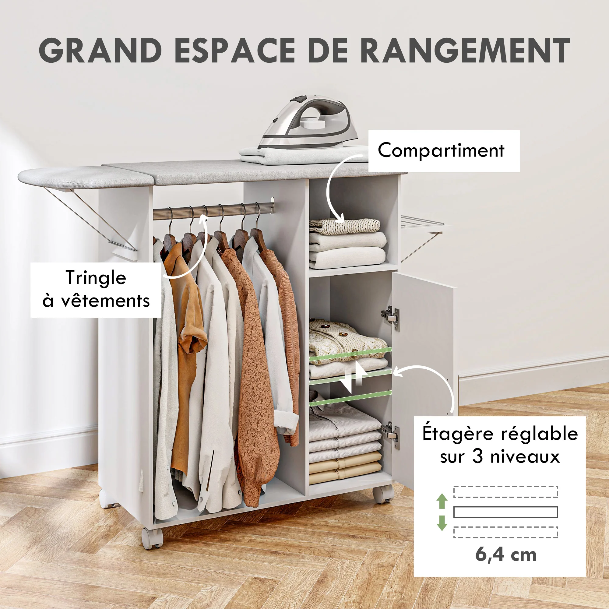 Meuble à repasser sur roulettes, table à repasser pliante, placard à porte, étagère réglable, barre de suspension, compartiment ouvert et support latéral, 127 x 42,5 x 99 cm, blanc - Image 7