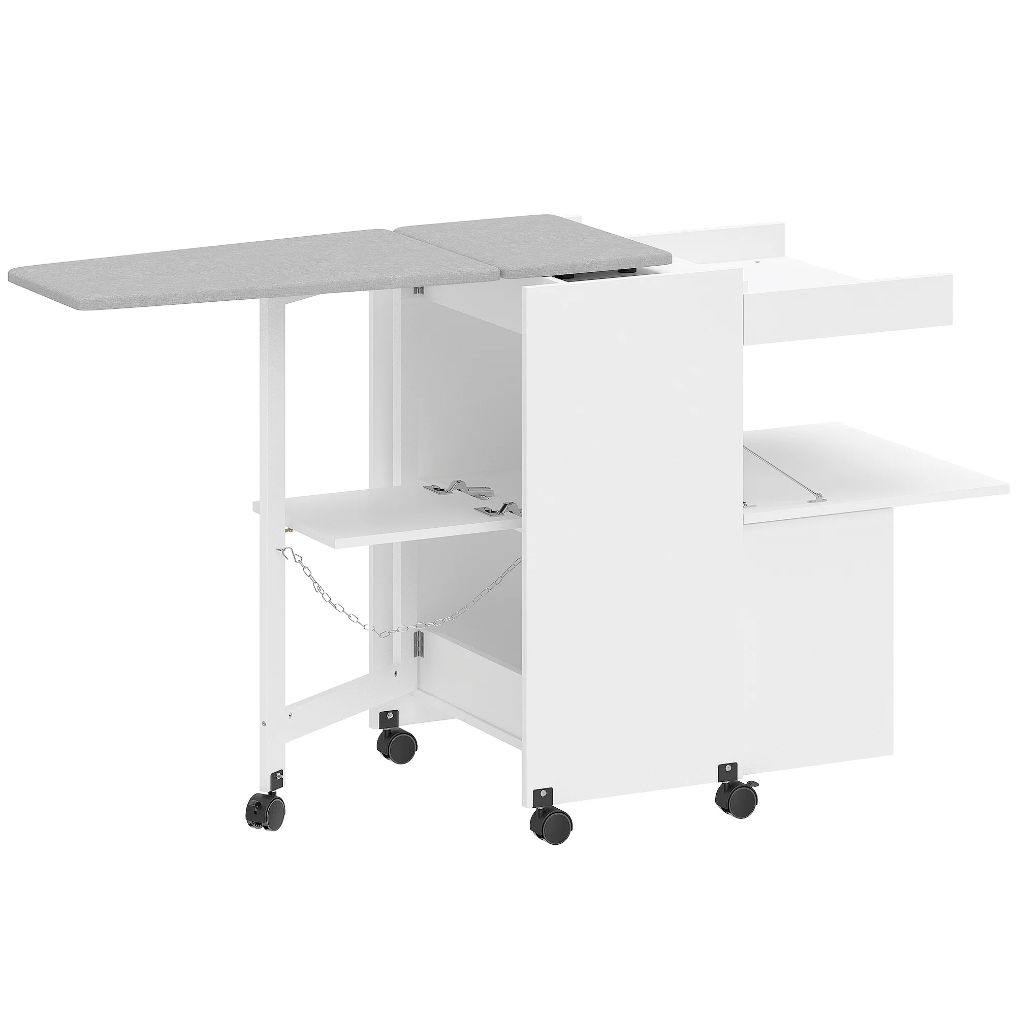 Meuble à repasser, table à repasser pliante sur roulettes avec repose-fer, portes par pression, charnières à fermeture douce, meuble rangement pour petits espaces, buanderie, 154x55x87cm, blanc - Image 2