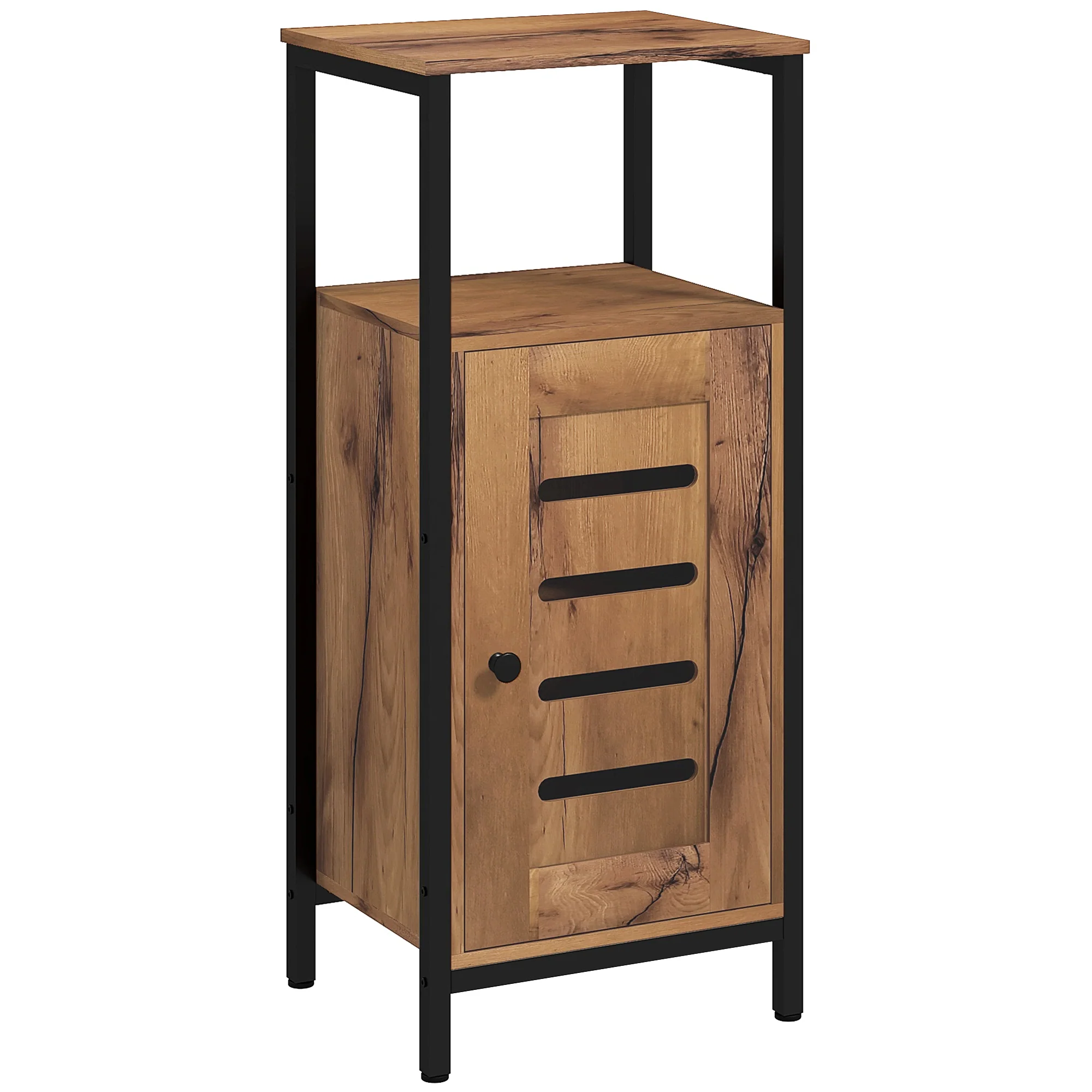 Meuble bas de salle de bain avec porte à lamelles, armoire de toilette avec structure en acier, meuble de rangement avec niche ouverte et étagère réglable, 37 x 30 x 85 cm, brun rustique - Image 2