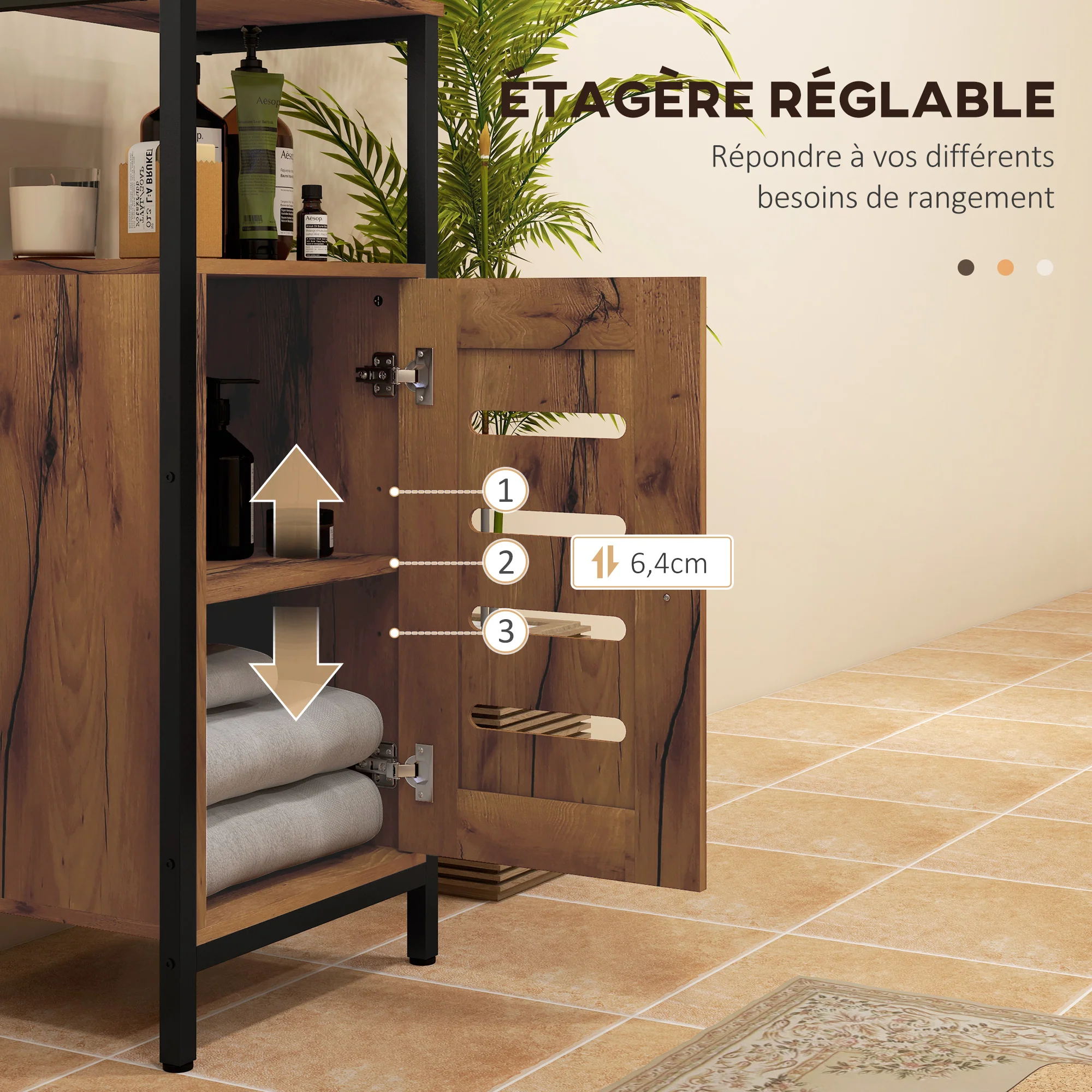 Meuble bas de salle de bain avec porte à lamelles, armoire de toilette avec structure en acier, meuble de rangement avec niche ouverte et étagère réglable, 37 x 30 x 85 cm, brun rustique - Image 6