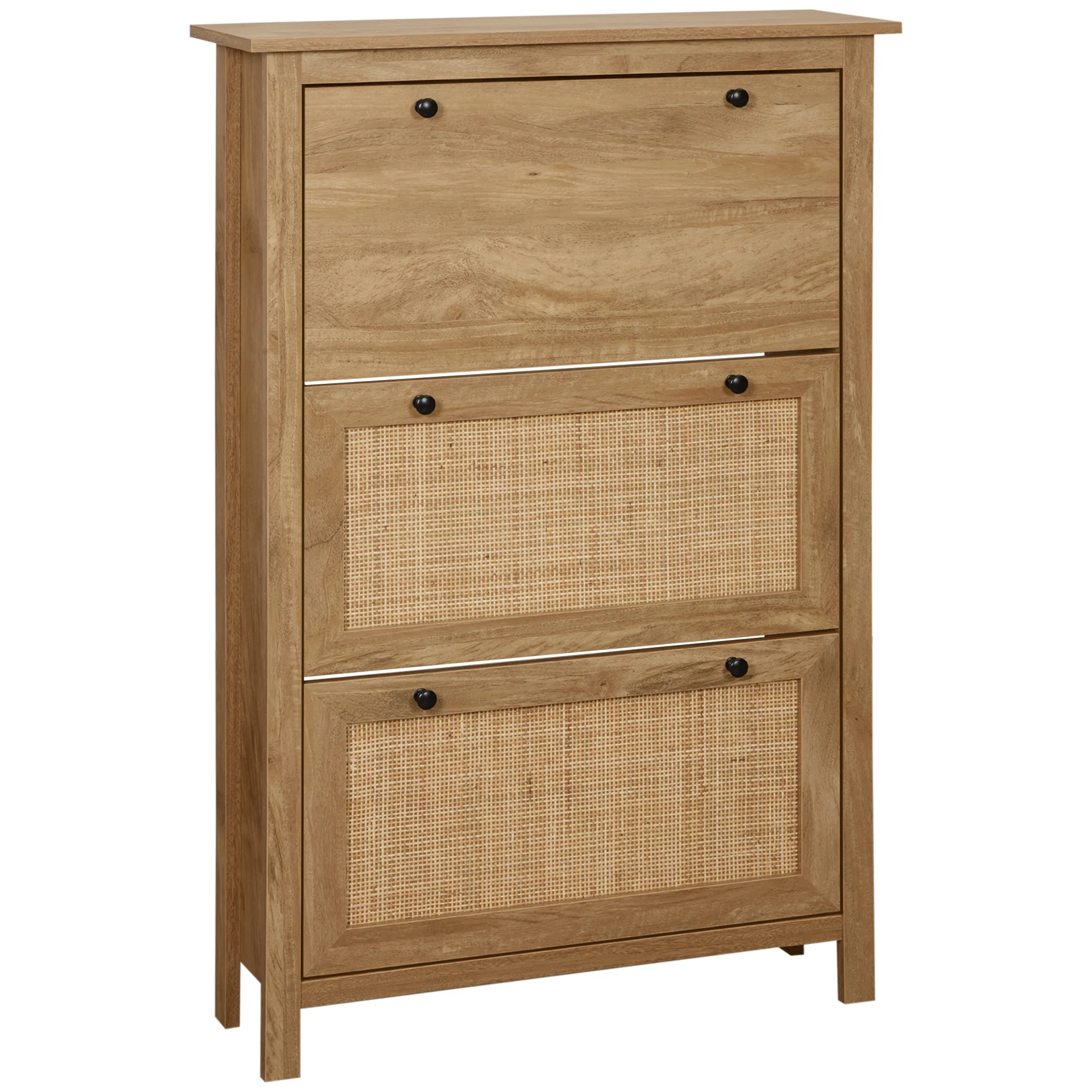 Meuble chaussure entrée, armoire à chaussures avec 3 tiroirs à portes abattants effet cannage rotin et étagère réglable, meuble d'entrée et couloir 18 paires - 80 x 23,5 x 121,5 cm bois naturel - Image 11