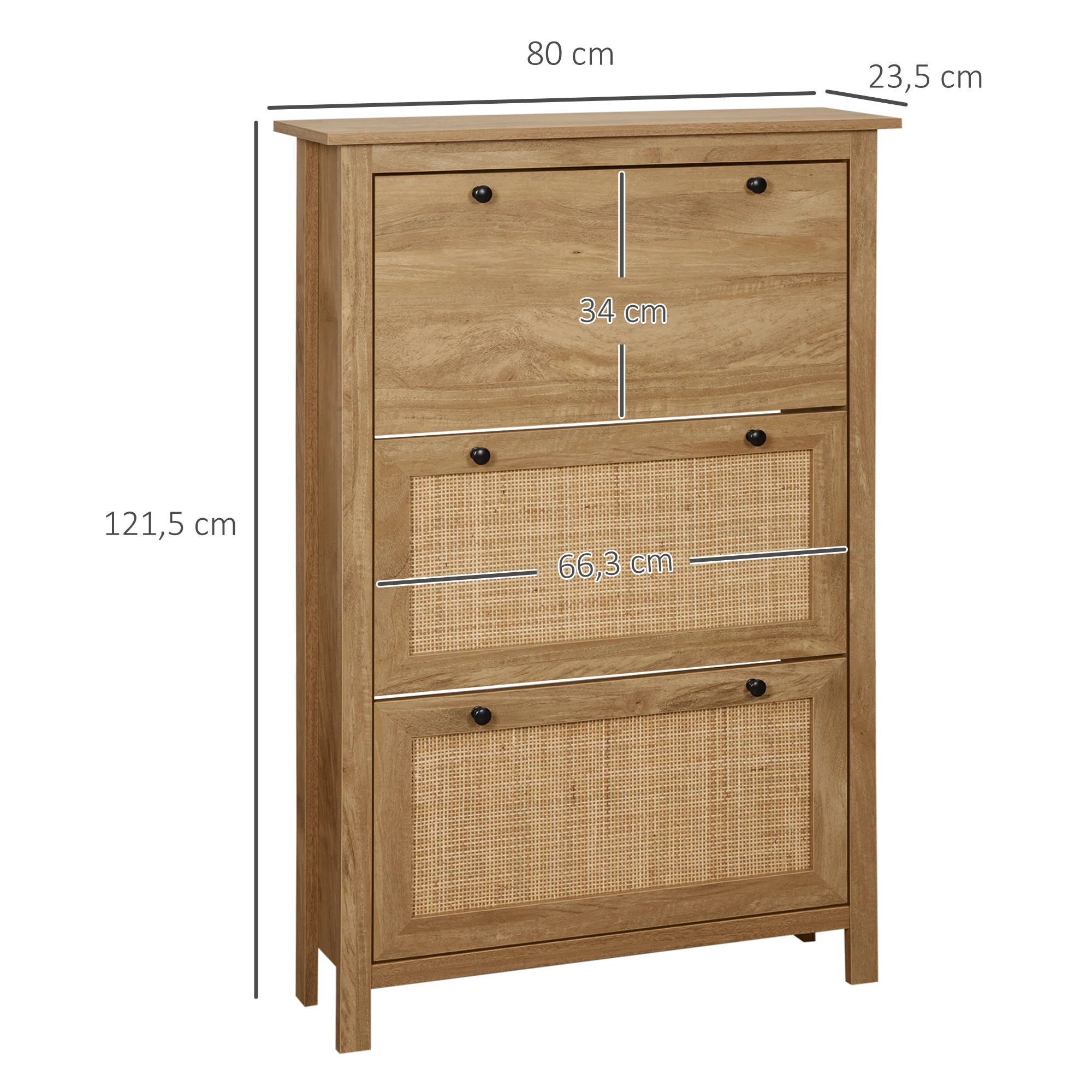 Meuble chaussure entrée, armoire à chaussures avec 3 tiroirs à portes abattants effet cannage rotin et étagère réglable, meuble d'entrée et couloir 18 paires - 80 x 23,5 x 121,5 cm bois naturel - Image 4