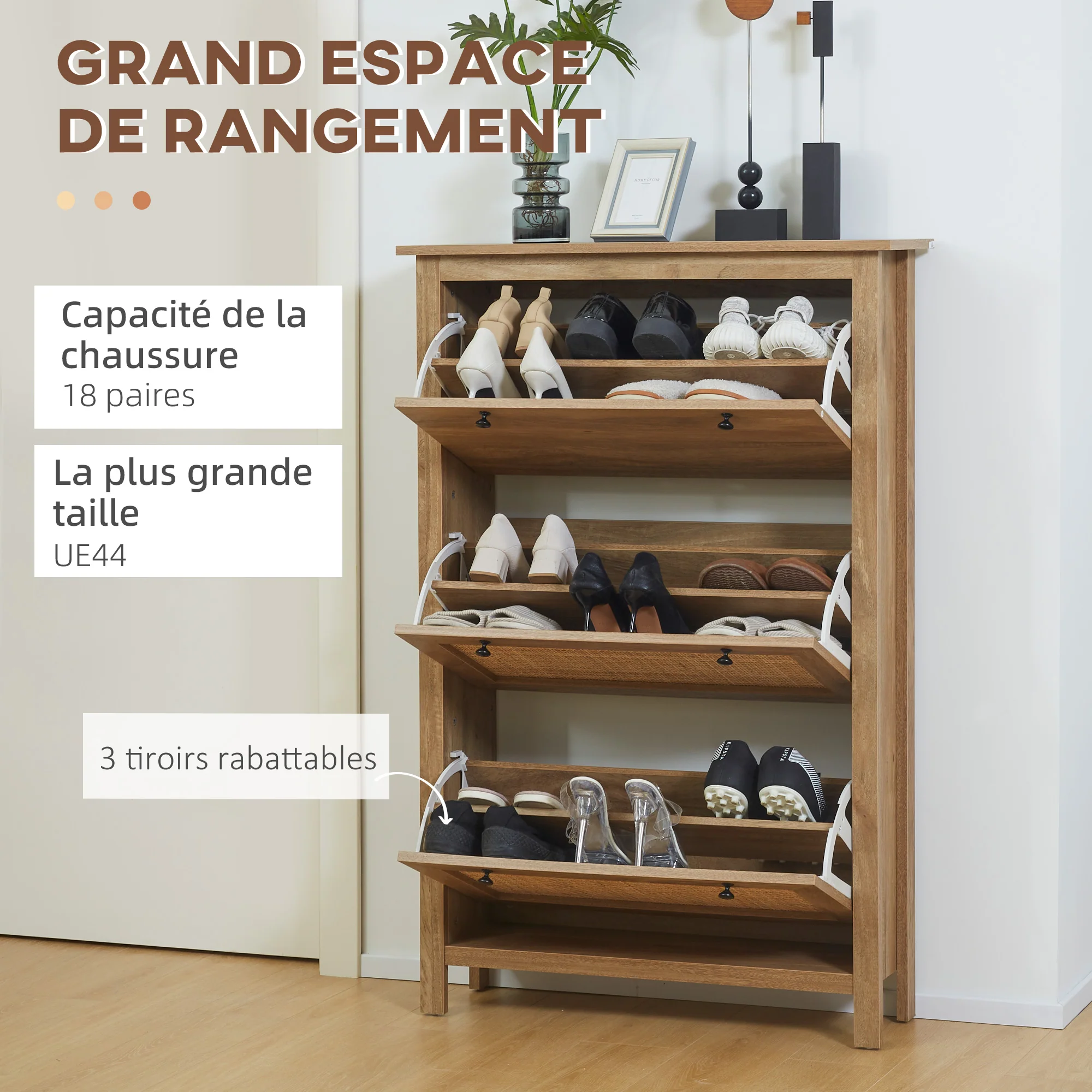 Meuble chaussure entrée, armoire à chaussures avec 3 tiroirs à portes abattants effet cannage rotin et étagère réglable, meuble d'entrée et couloir 18 paires - 80 x 23,5 x 121,5 cm bois naturel - Image 5