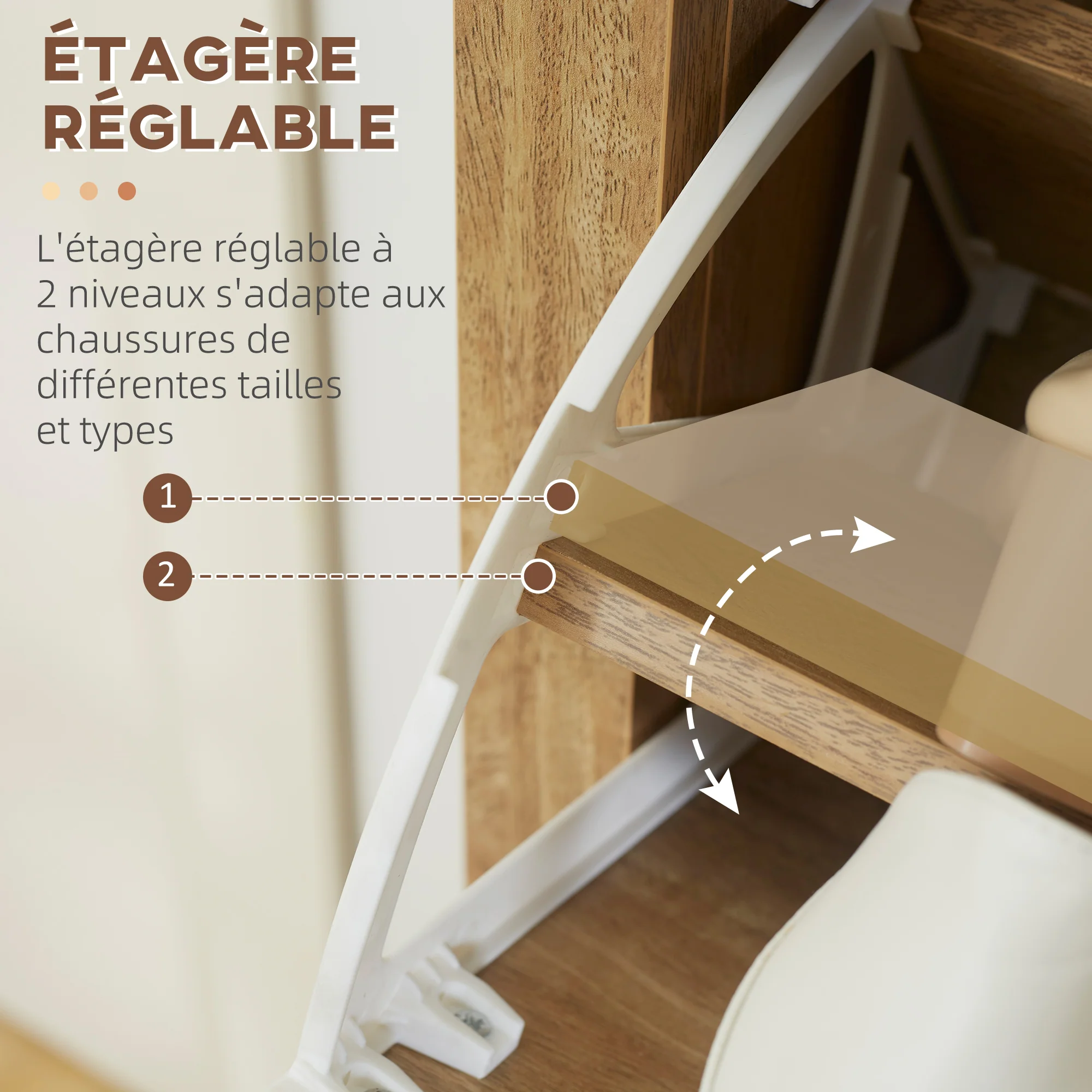 Meuble chaussure entrée, armoire à chaussures avec 3 tiroirs à portes abattants effet cannage rotin et étagère réglable, meuble d'entrée et couloir 18 paires - 80 x 23,5 x 121,5 cm bois naturel - Image 6