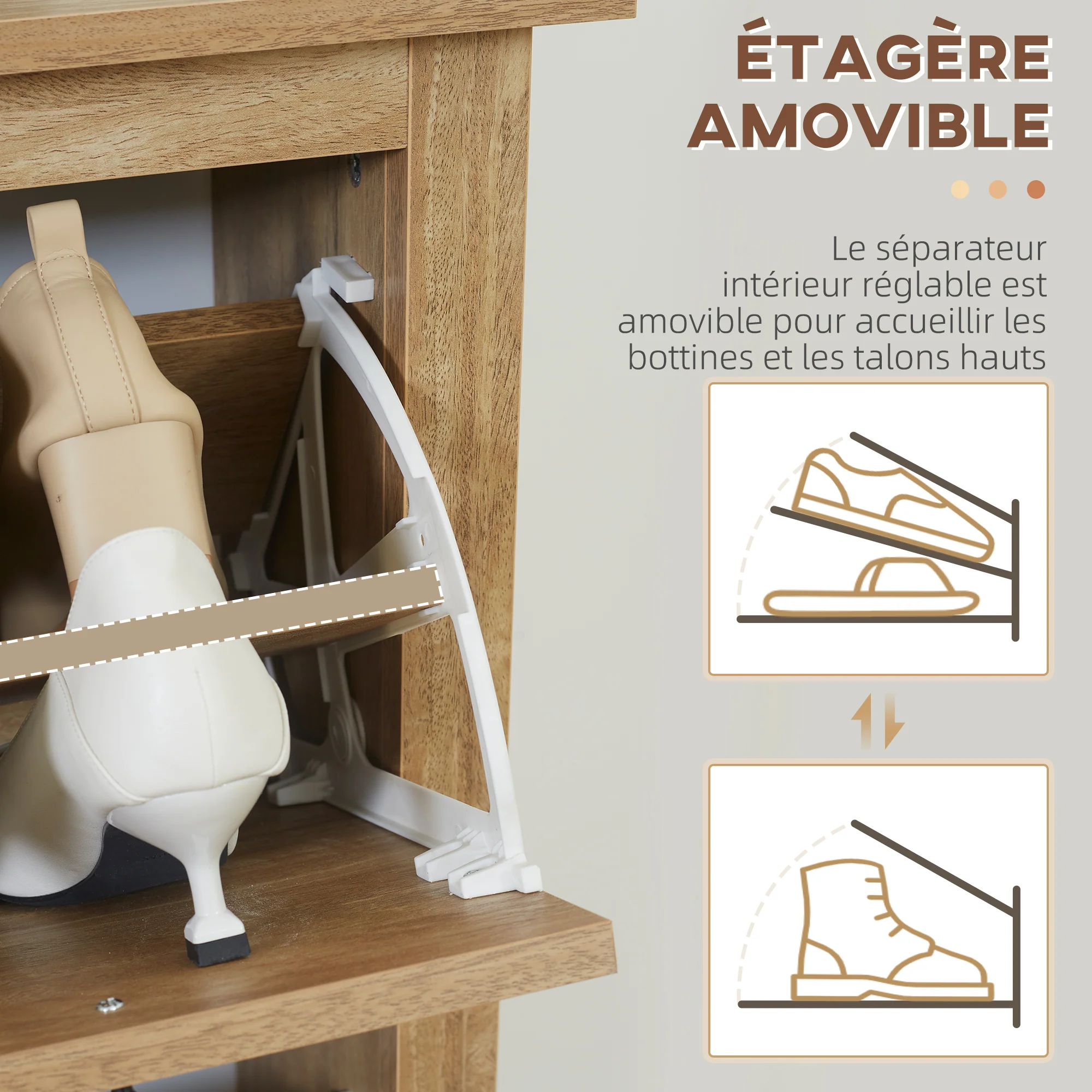 Meuble chaussure entrée, armoire à chaussures avec 3 tiroirs à portes abattants effet cannage rotin et étagère réglable, meuble d'entrée et couloir 18 paires - 80 x 23,5 x 121,5 cm bois naturel - Image 7