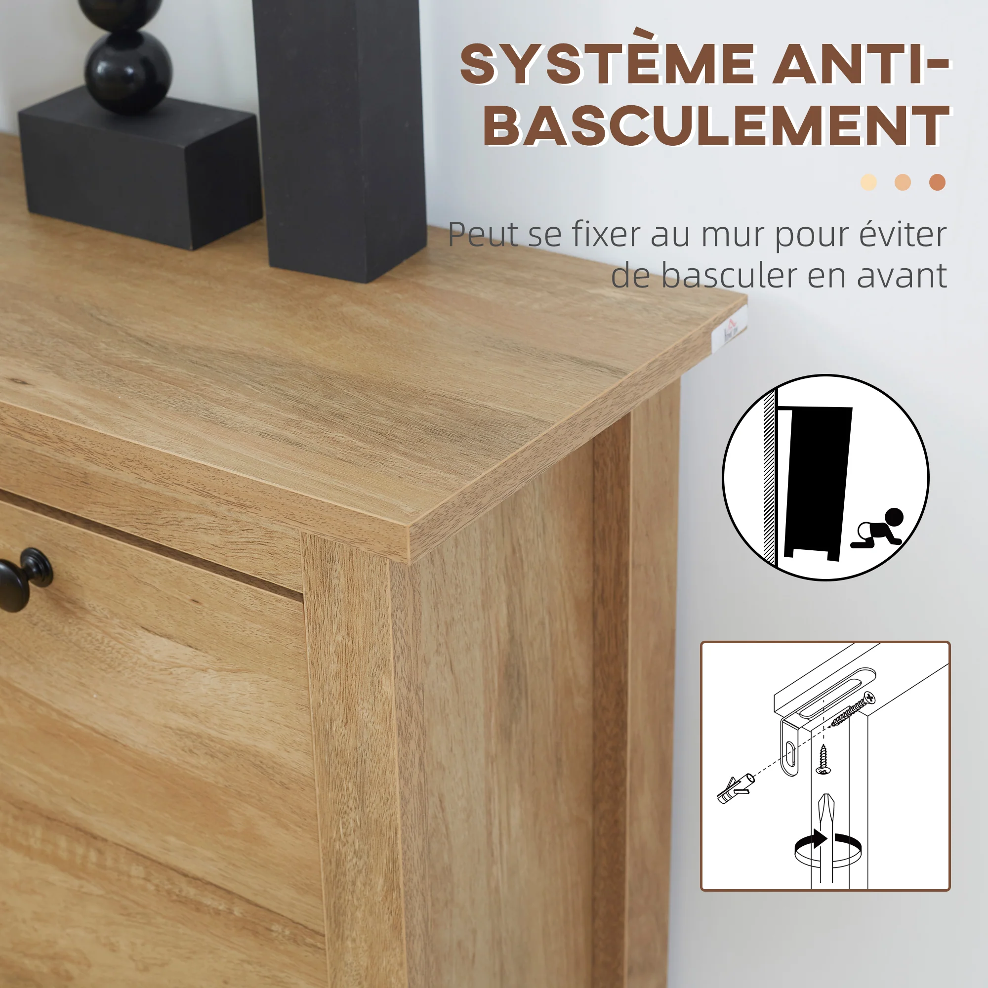 Meuble chaussure entrée, armoire à chaussures avec 3 tiroirs à portes abattants effet cannage rotin et étagère réglable, meuble d'entrée et couloir 18 paires - 80 x 23,5 x 121,5 cm bois naturel - Image 8