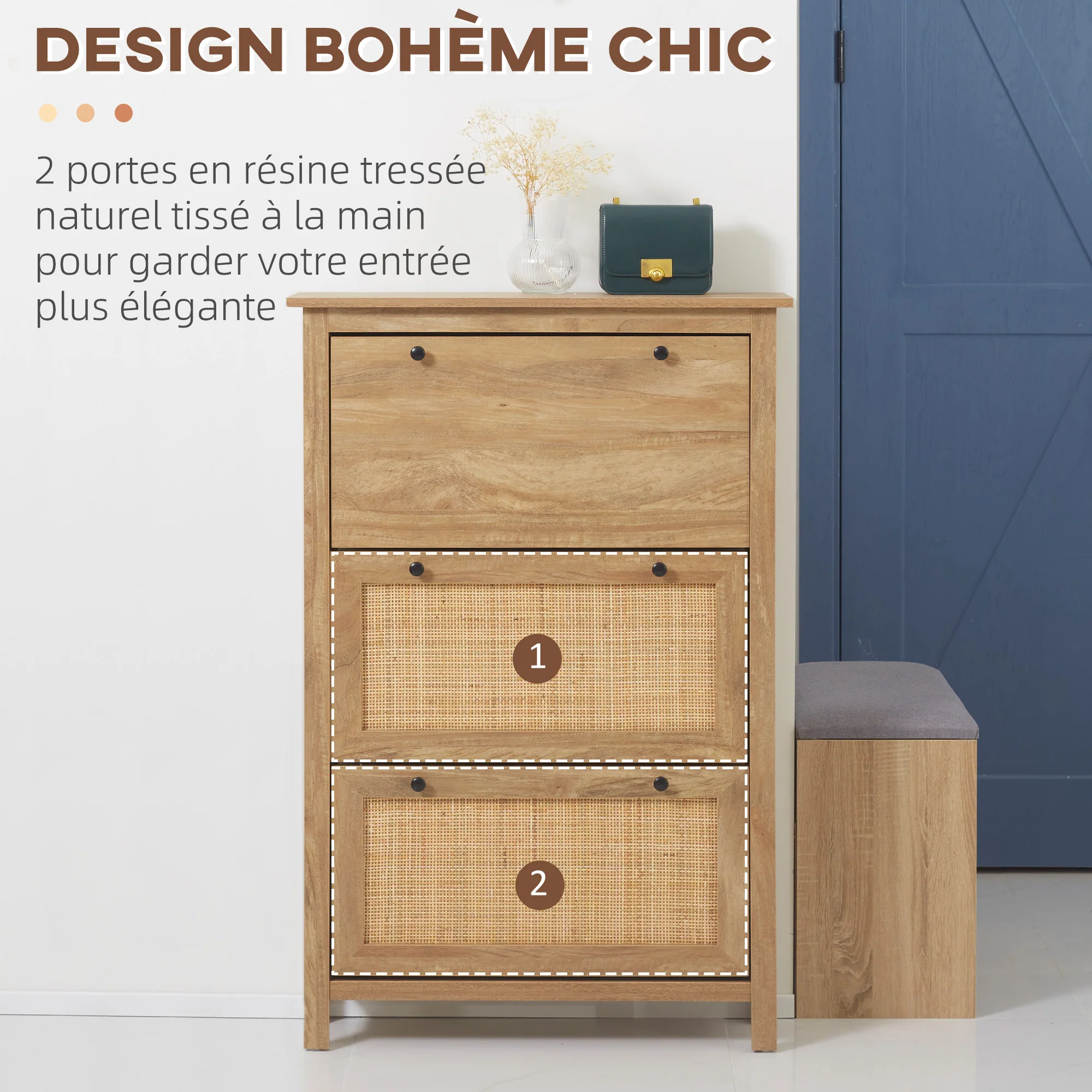 Meuble chaussure entrée, armoire à chaussures avec 3 tiroirs à portes abattants effet cannage rotin et étagère réglable, meuble d'entrée et couloir 18 paires - 80 x 23,5 x 121,5 cm bois naturel - Image 9