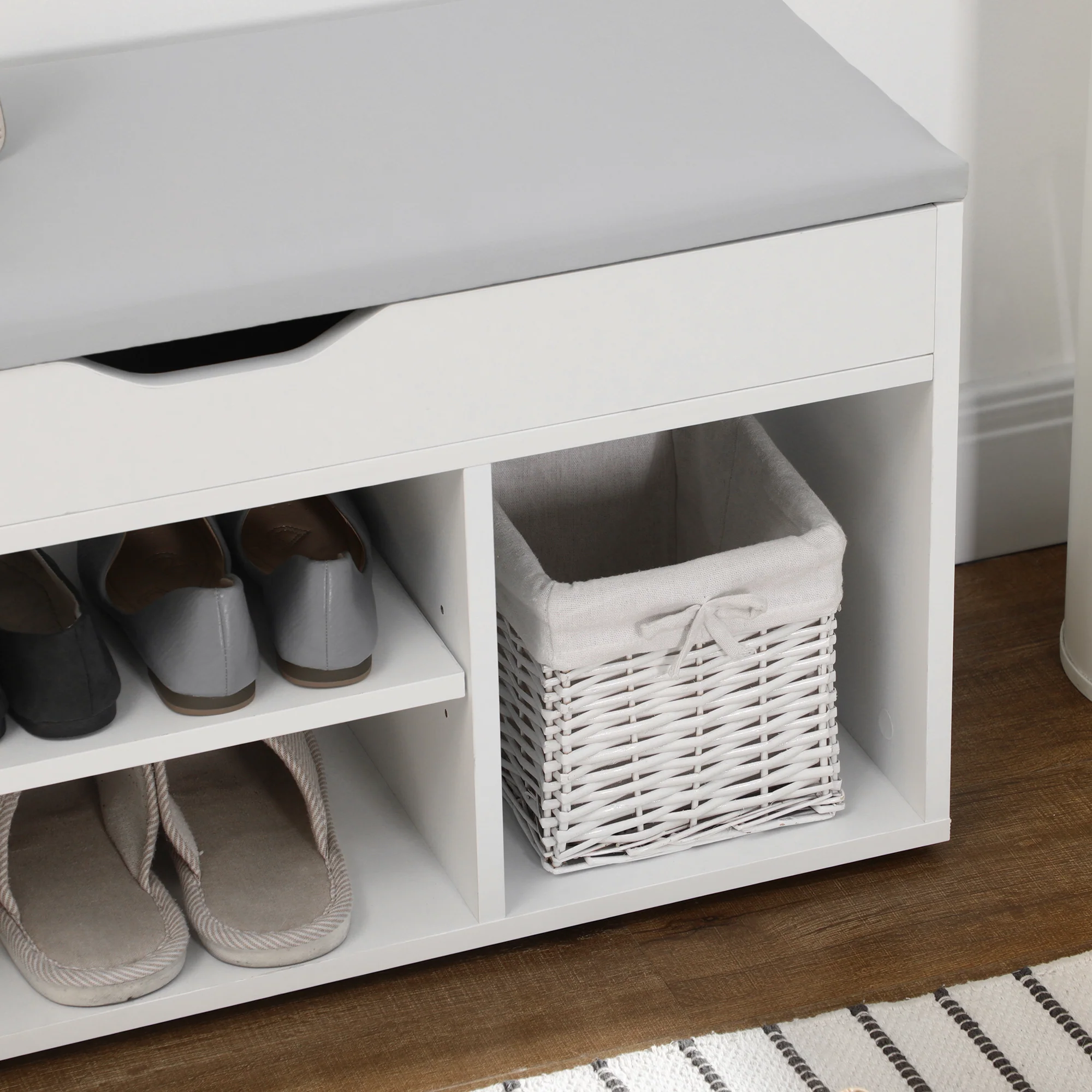 Meuble Chaussures Banc à Chaussures 2 Niveaux Rangement, Niche + Coffre intégré avec Coussin Blanc - Image 10
