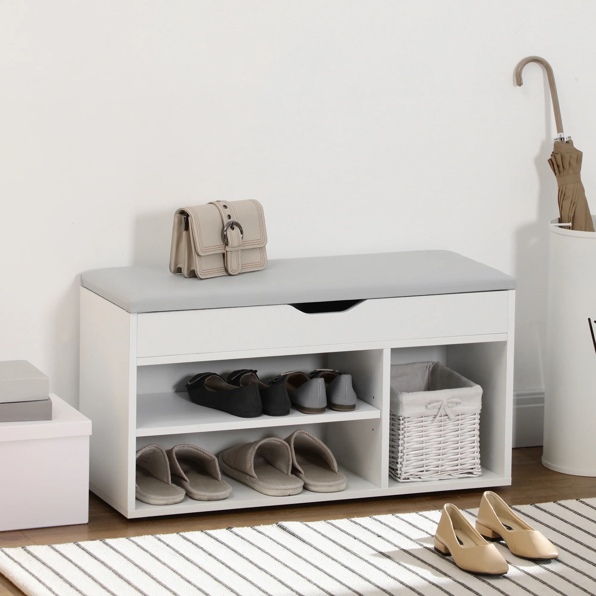 Meuble Chaussures Banc à Chaussures 2 Niveaux Rangement, Niche + Coffre intégré avec Coussin Blanc - Image 3