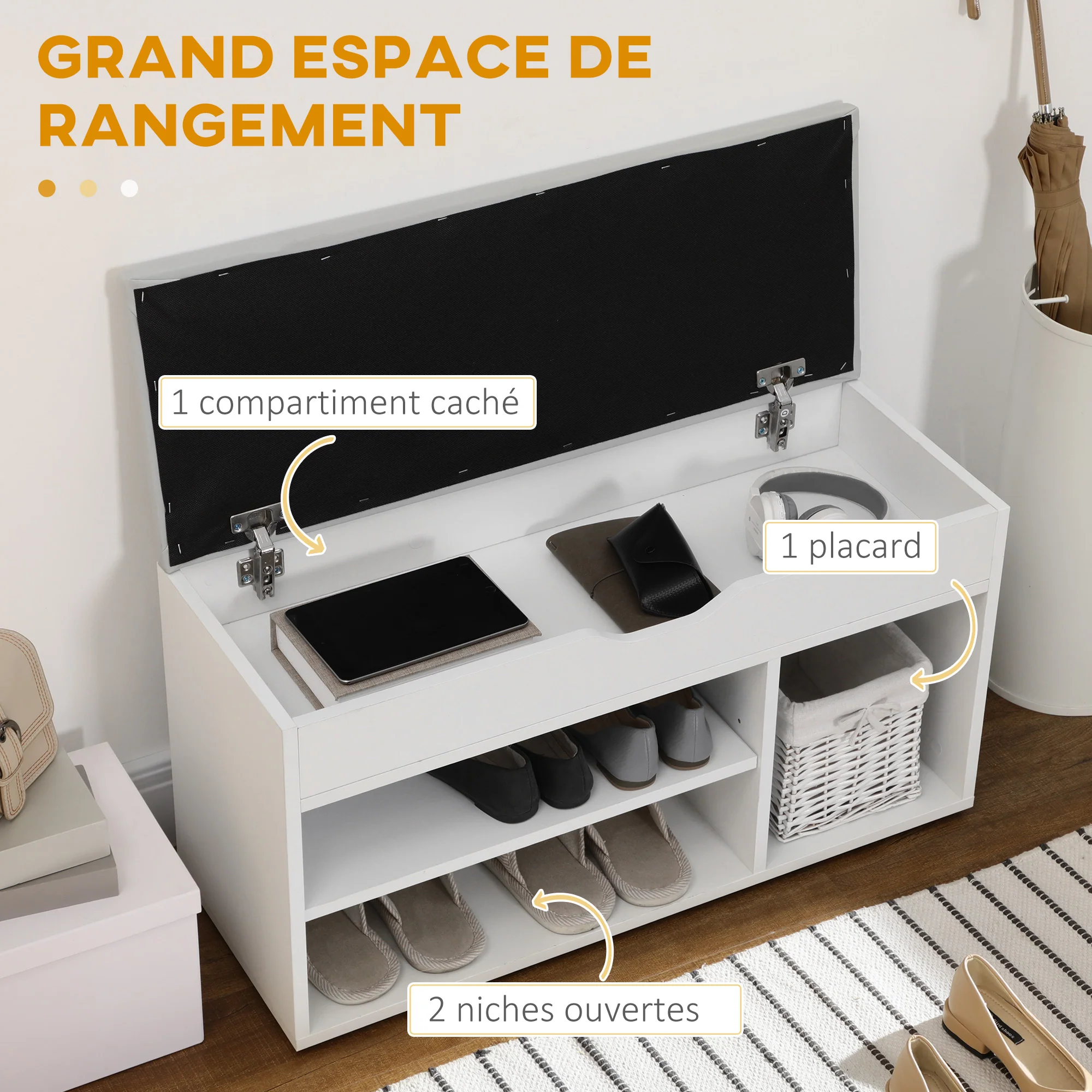 Meuble Chaussures Banc à Chaussures 2 Niveaux Rangement, Niche + Coffre intégré avec Coussin Blanc - Image 6