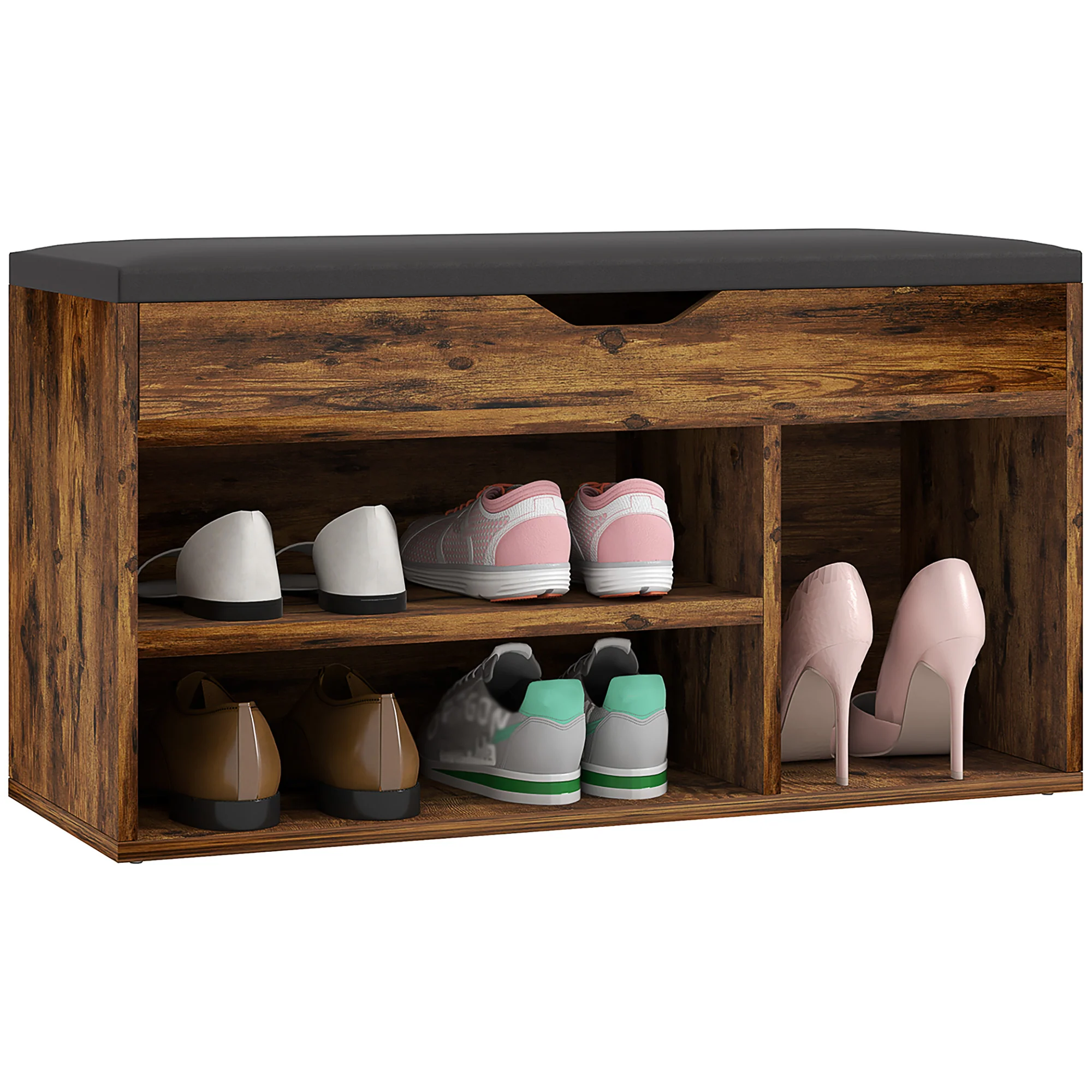 Meuble Chaussures Banc à Chaussures 2 Niveaux Rangement, Niche + Coffre intégré avec Coussin Effet bois d'acajou - Image 11
