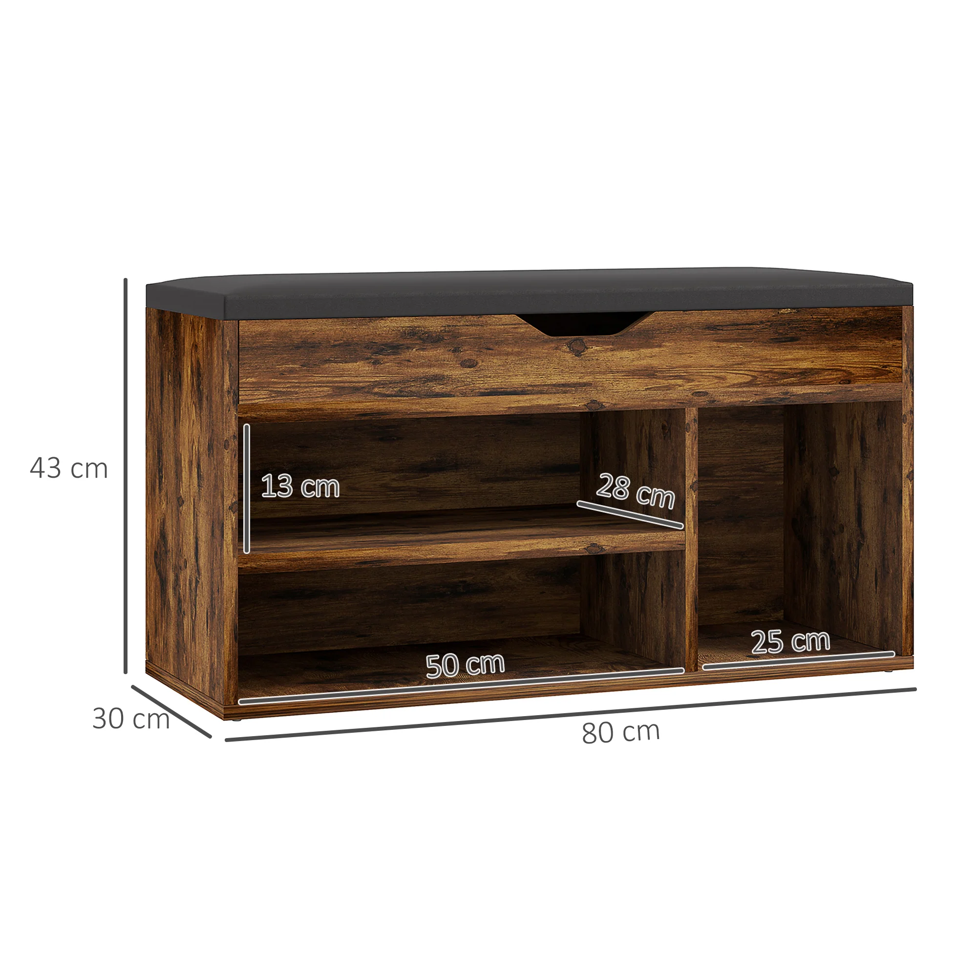 Meuble Chaussures Banc à Chaussures 2 Niveaux Rangement, Niche + Coffre intégré avec Coussin Effet bois d'acajou - Image 4