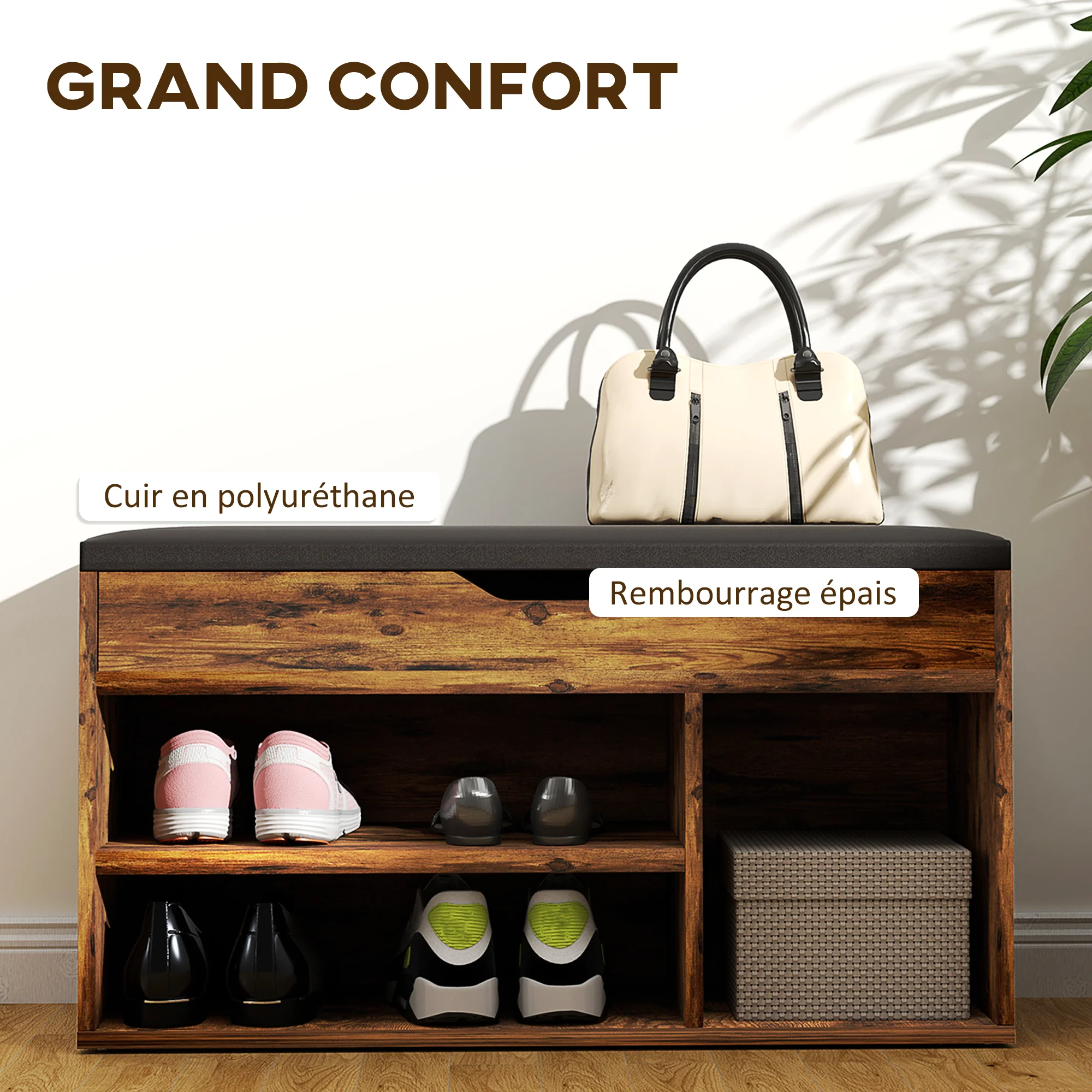 Meuble Chaussures Banc à Chaussures 2 Niveaux Rangement, Niche + Coffre intégré avec Coussin Effet bois d'acajou - Image 5