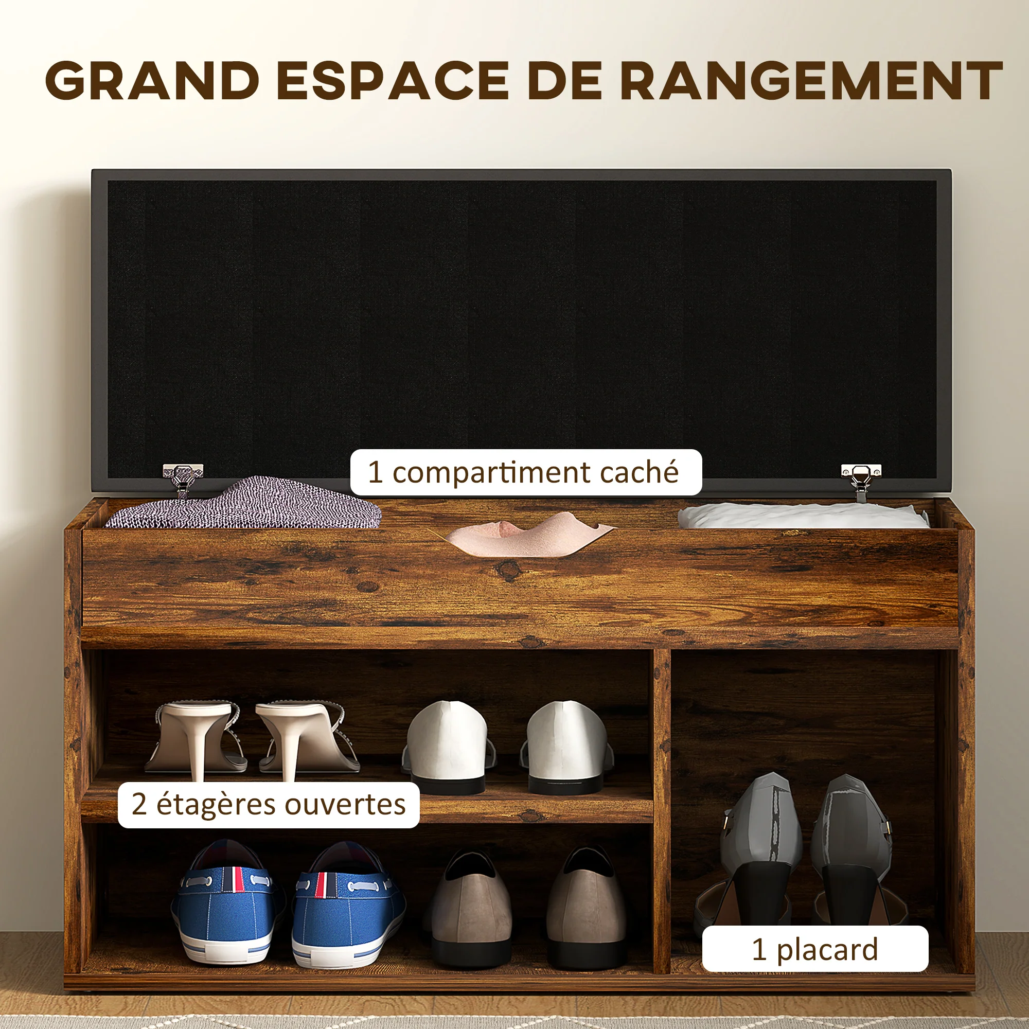 Meuble Chaussures Banc à Chaussures 2 Niveaux Rangement, Niche + Coffre intégré avec Coussin Effet bois d'acajou - Image 6