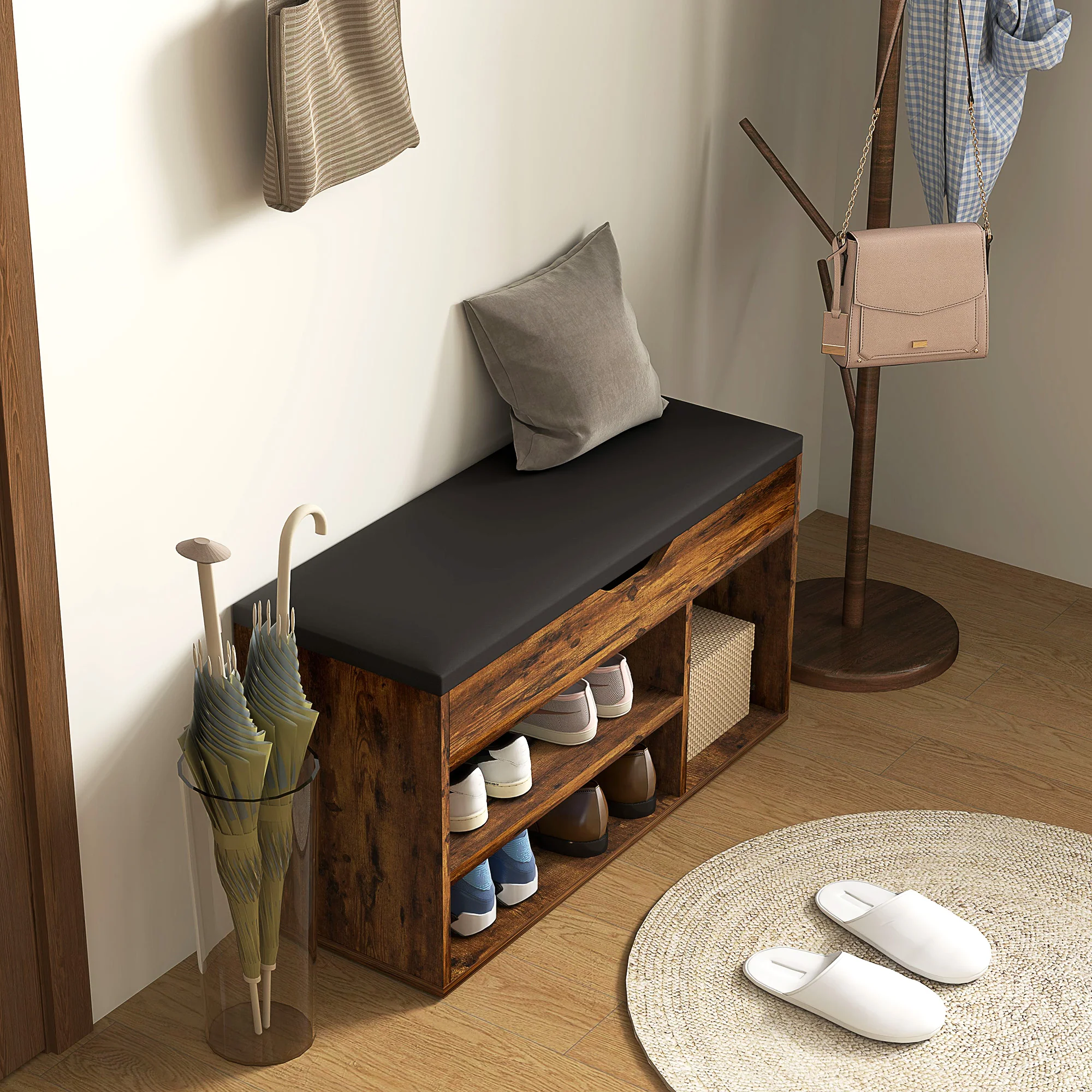 Meuble Chaussures Banc à Chaussures 2 Niveaux Rangement, Niche + Coffre intégré avec Coussin Effet bois d'acajou - Image 8