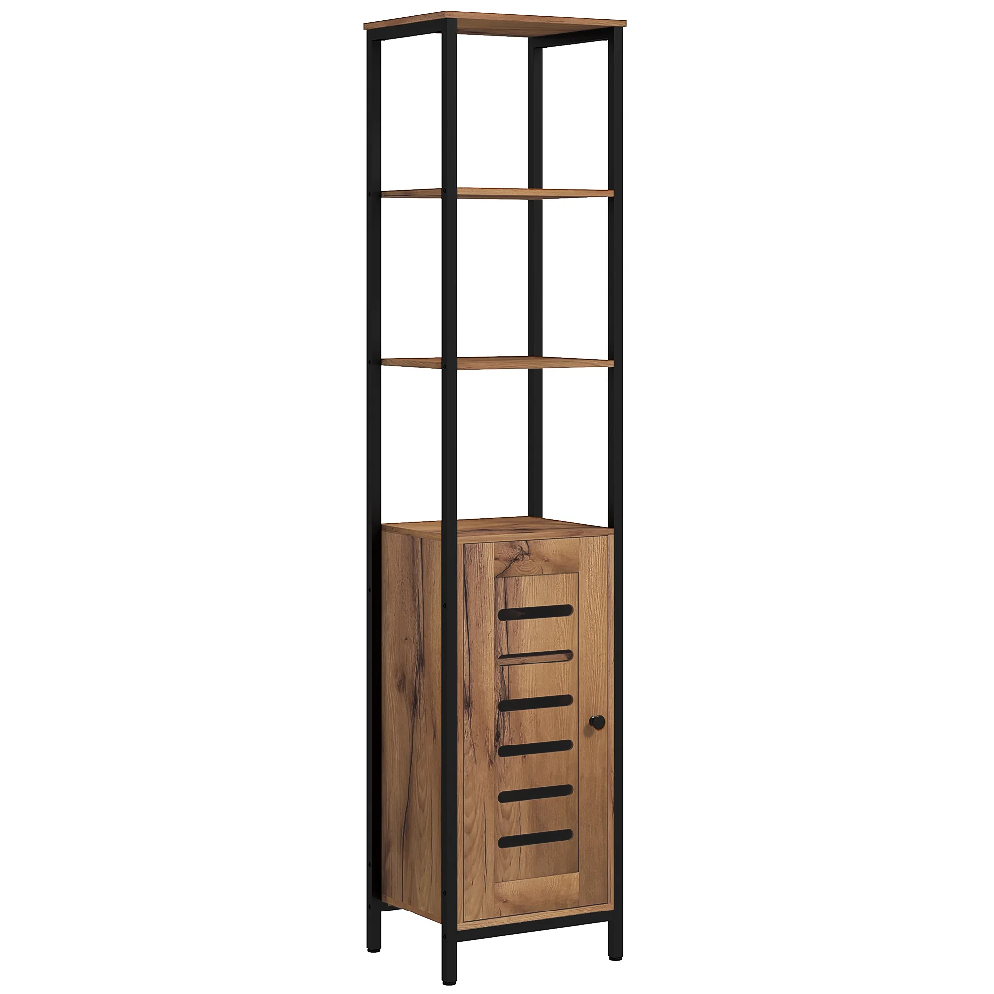 Meuble colonne de salle de bain, armoire de toilette haute, design industriel, avec 3 étagères ouvertes, porte à lamelles et étagères réglables, marron rustique - Image 2