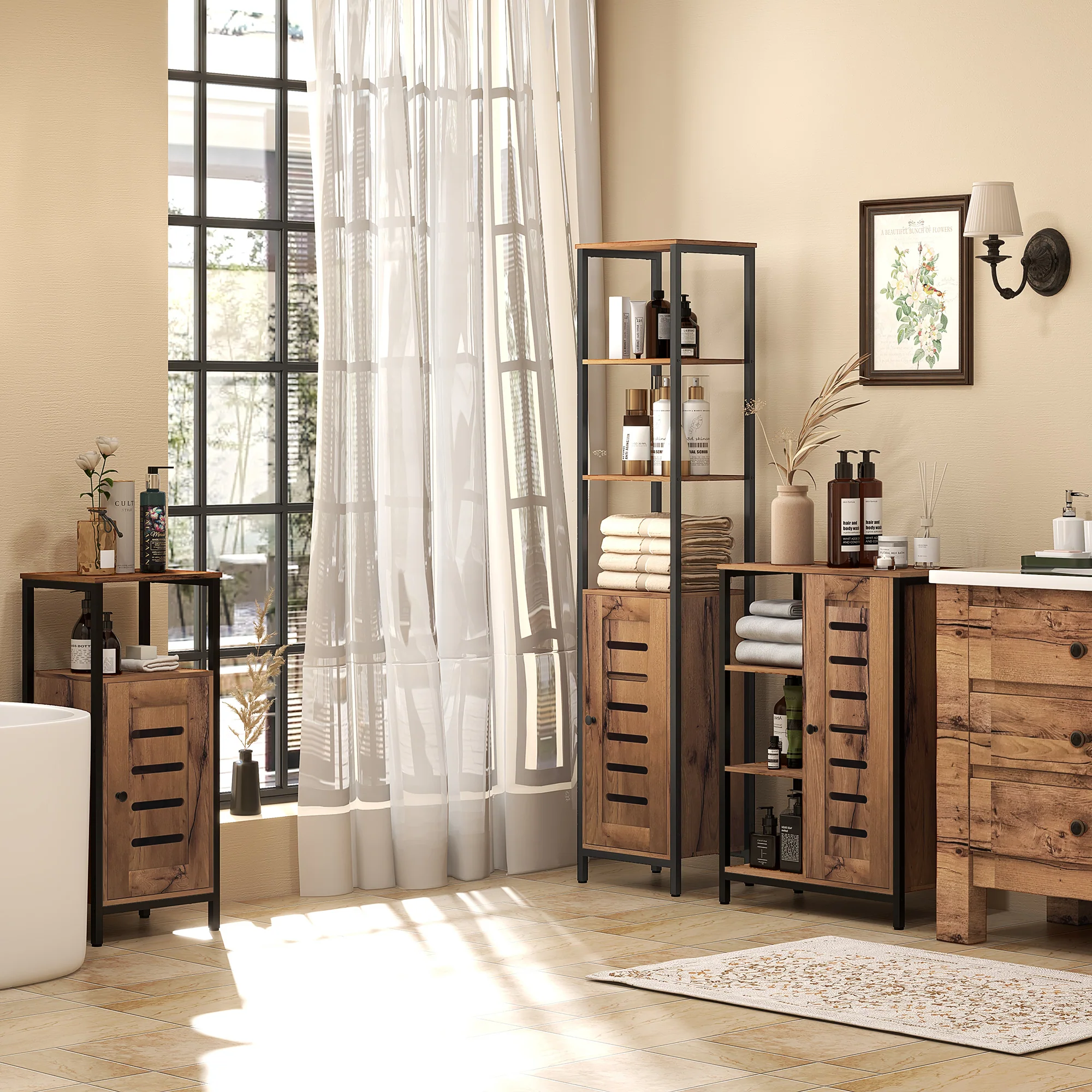 Meuble colonne de salle de bain, armoire de toilette haute, design industriel, avec 3 étagères ouvertes, porte à lamelles et étagères réglables, marron rustique - Image 3