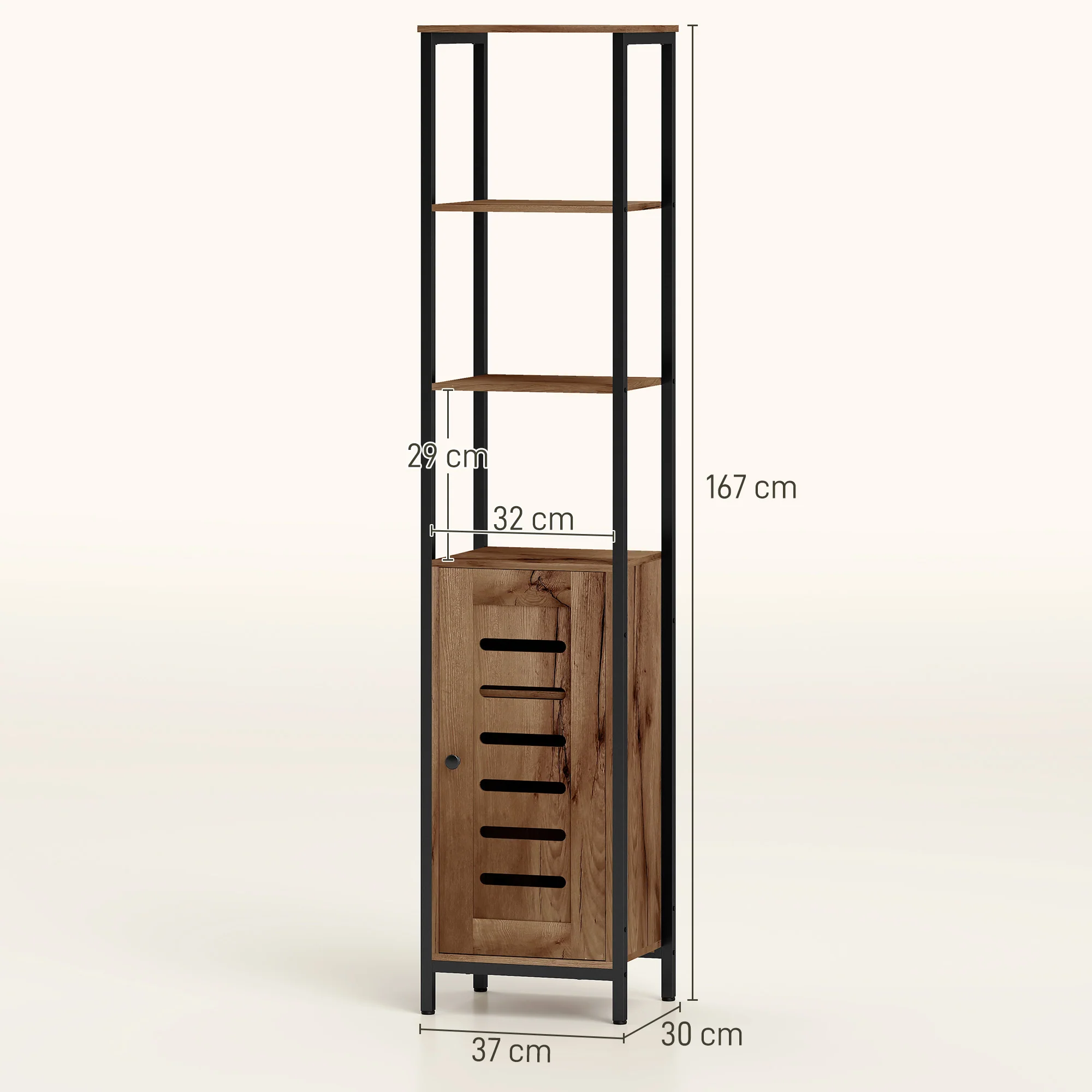 Meuble colonne de salle de bain, armoire de toilette haute, design industriel, avec 3 étagères ouvertes, porte à lamelles et étagères réglables, marron rustique - Image 4