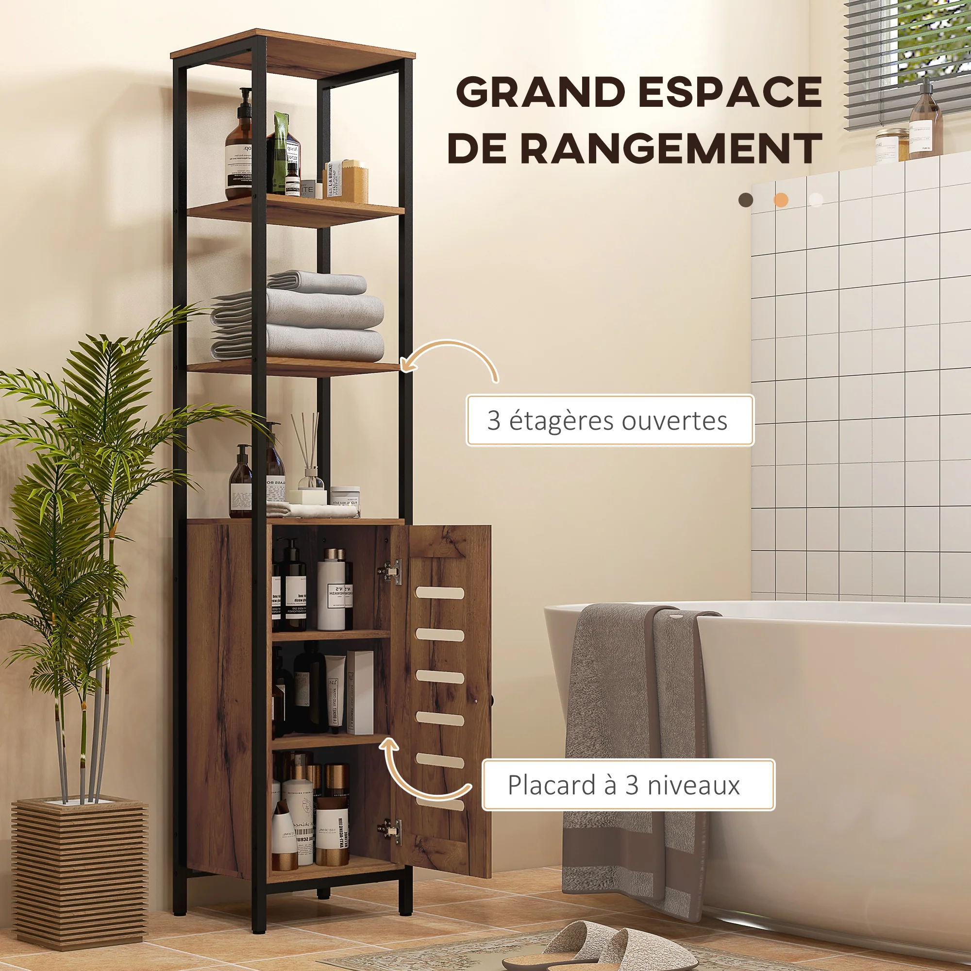 Meuble colonne de salle de bain, armoire de toilette haute, design industriel, avec 3 étagères ouvertes, porte à lamelles et étagères réglables, marron rustique - Image 5