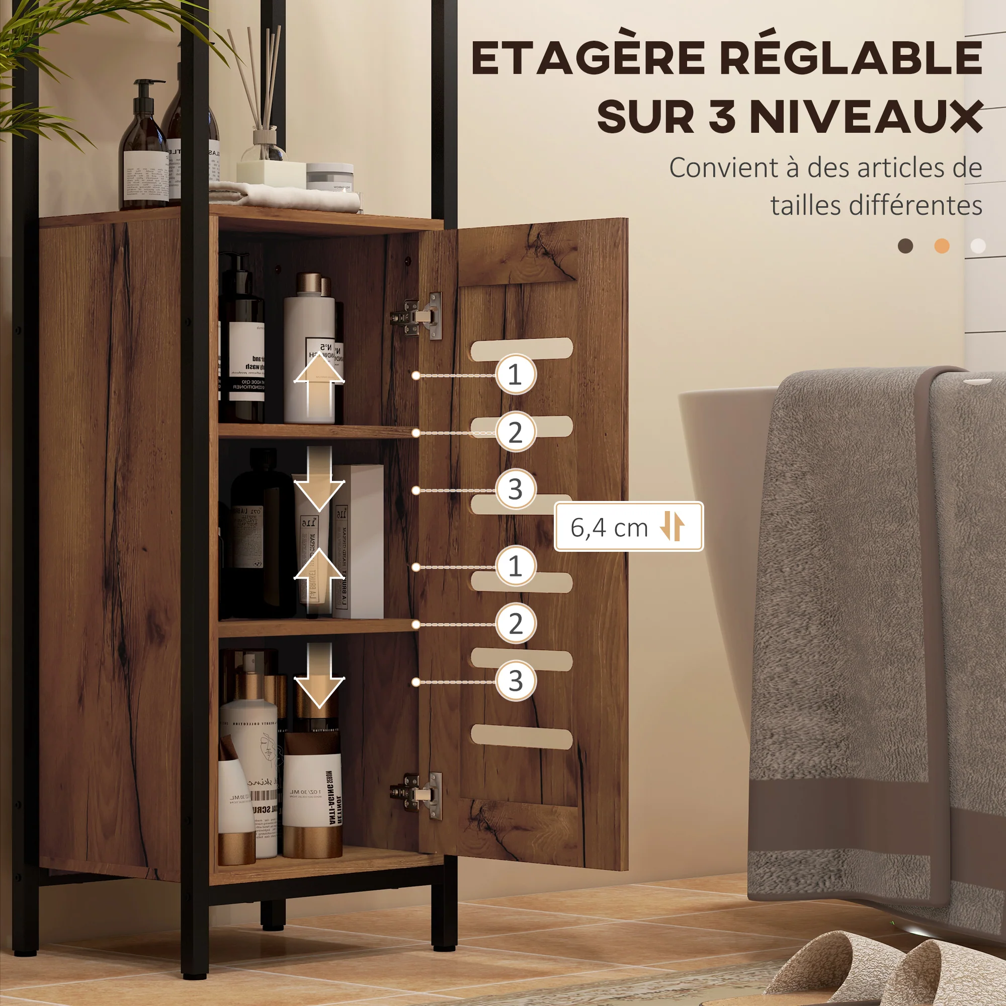 Meuble colonne de salle de bain, armoire de toilette haute, design industriel, avec 3 étagères ouvertes, porte à lamelles et étagères réglables, marron rustique - Image 6