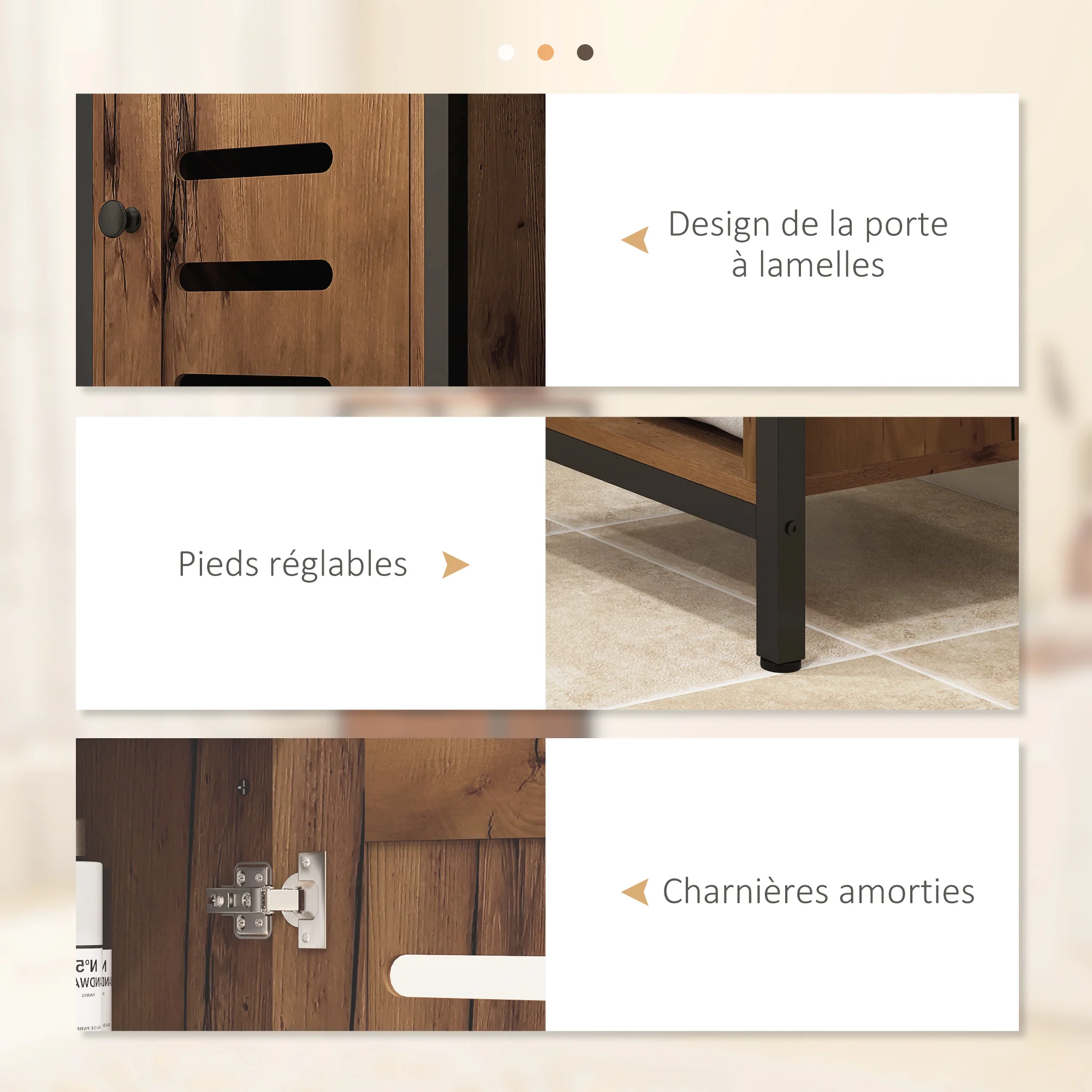 Meuble colonne de salle de bain, armoire de toilette haute, design industriel, avec 3 étagères ouvertes, porte à lamelles et étagères réglables, marron rustique - Image 7