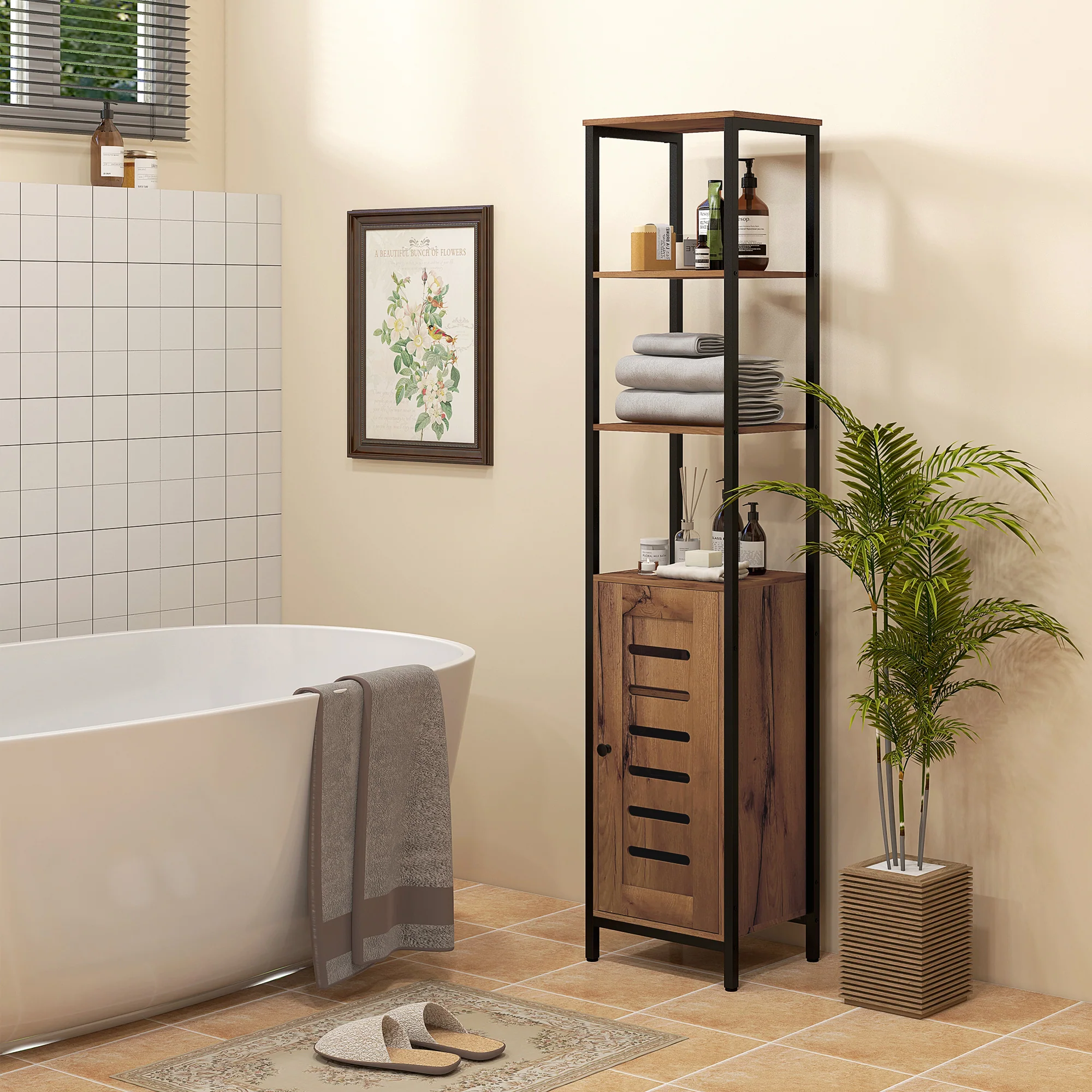 Meuble colonne de salle de bain, armoire de toilette haute, design industriel, avec 3 étagères ouvertes, porte à lamelles et étagères réglables, marron rustique - Image 9