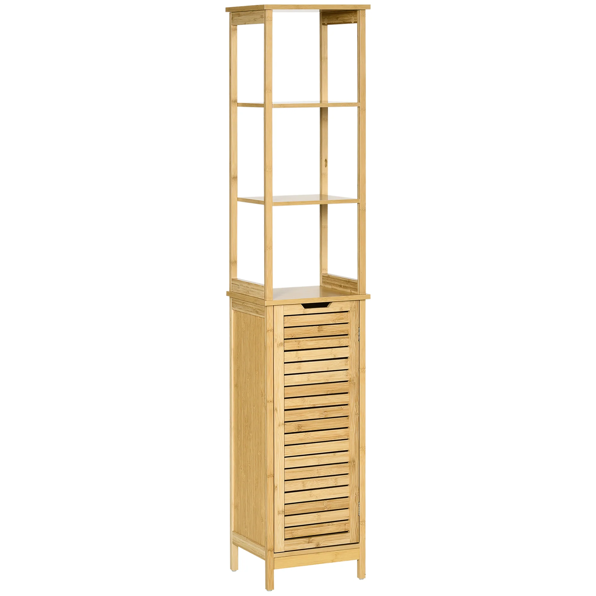 Meuble colonne de salle de bain avec 3 étagères et placard porte persienne en bambou - Image 11
