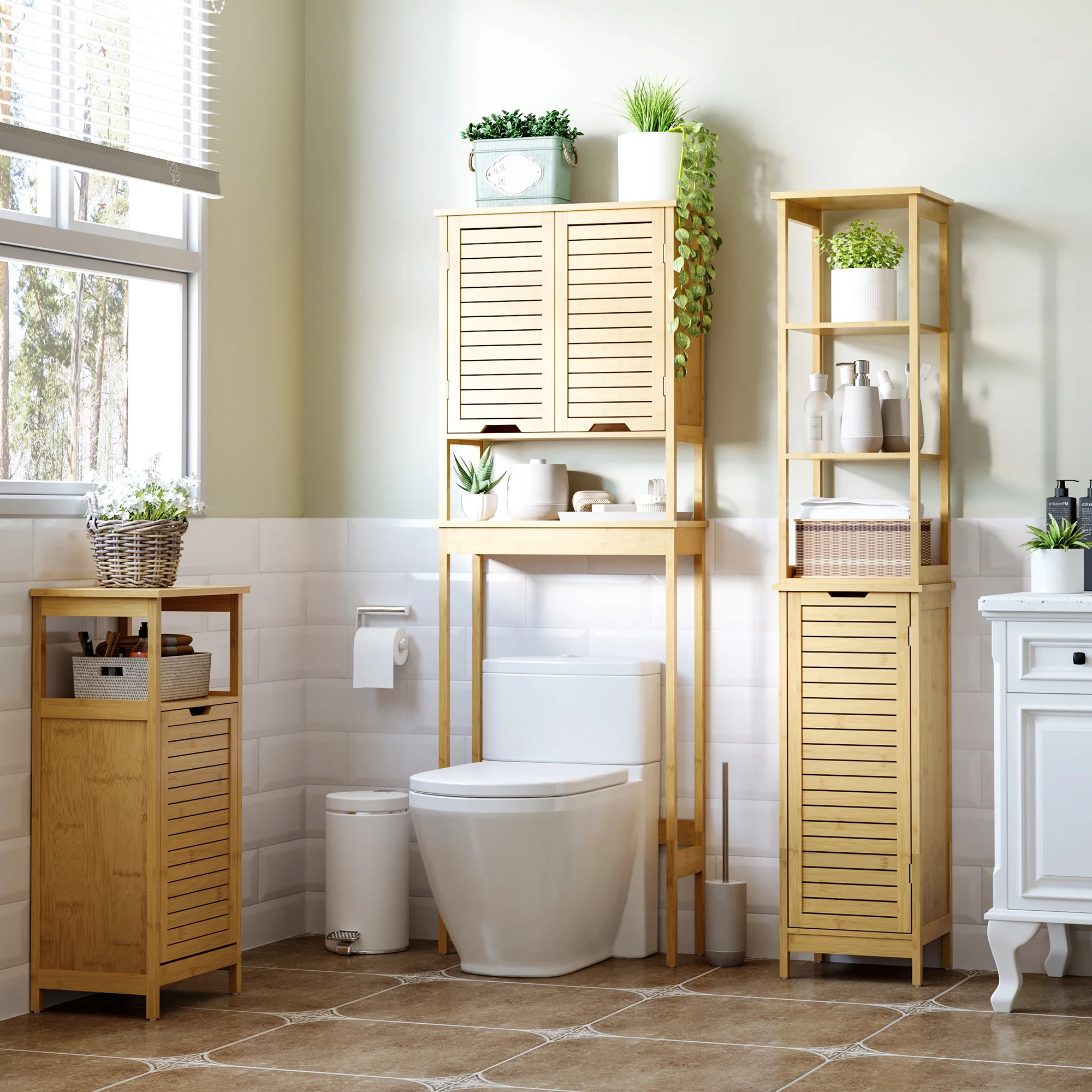 Meuble colonne de salle de bain avec 3 étagères et placard porte persienne en bambou - Image 3