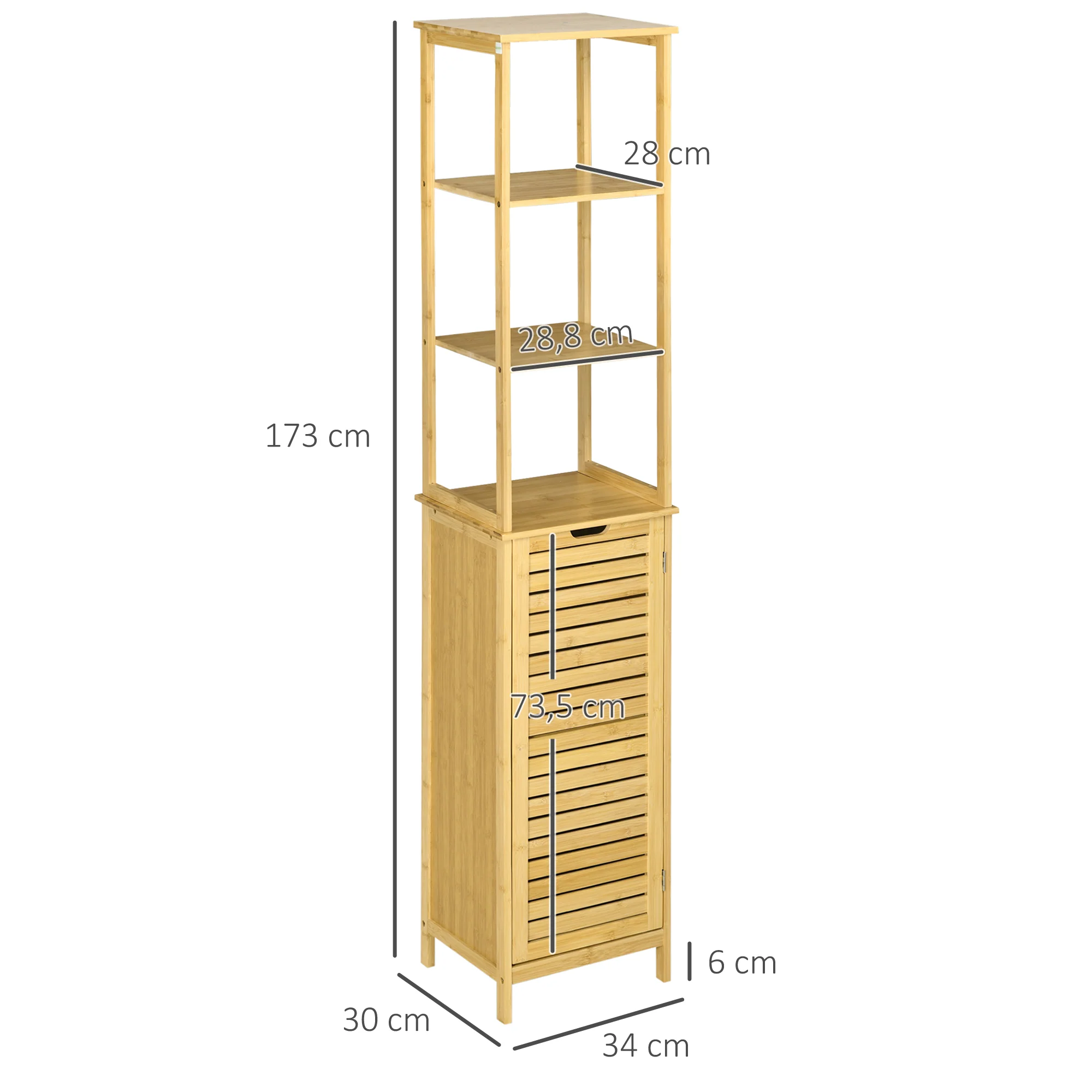 Meuble colonne de salle de bain avec 3 étagères et placard porte persienne en bambou - Image 4