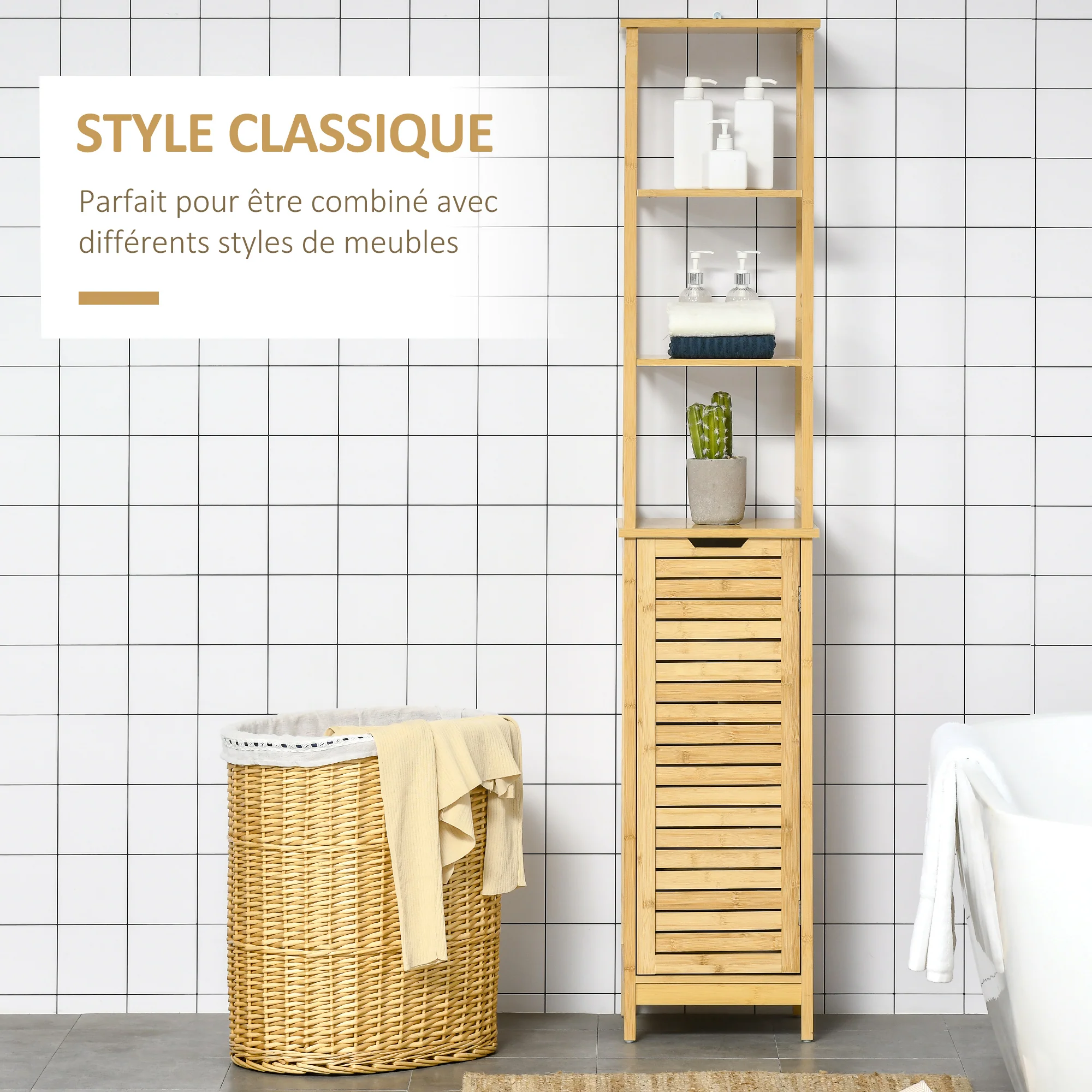 Meuble colonne de salle de bain avec 3 étagères et placard porte persienne en bambou - Image 5