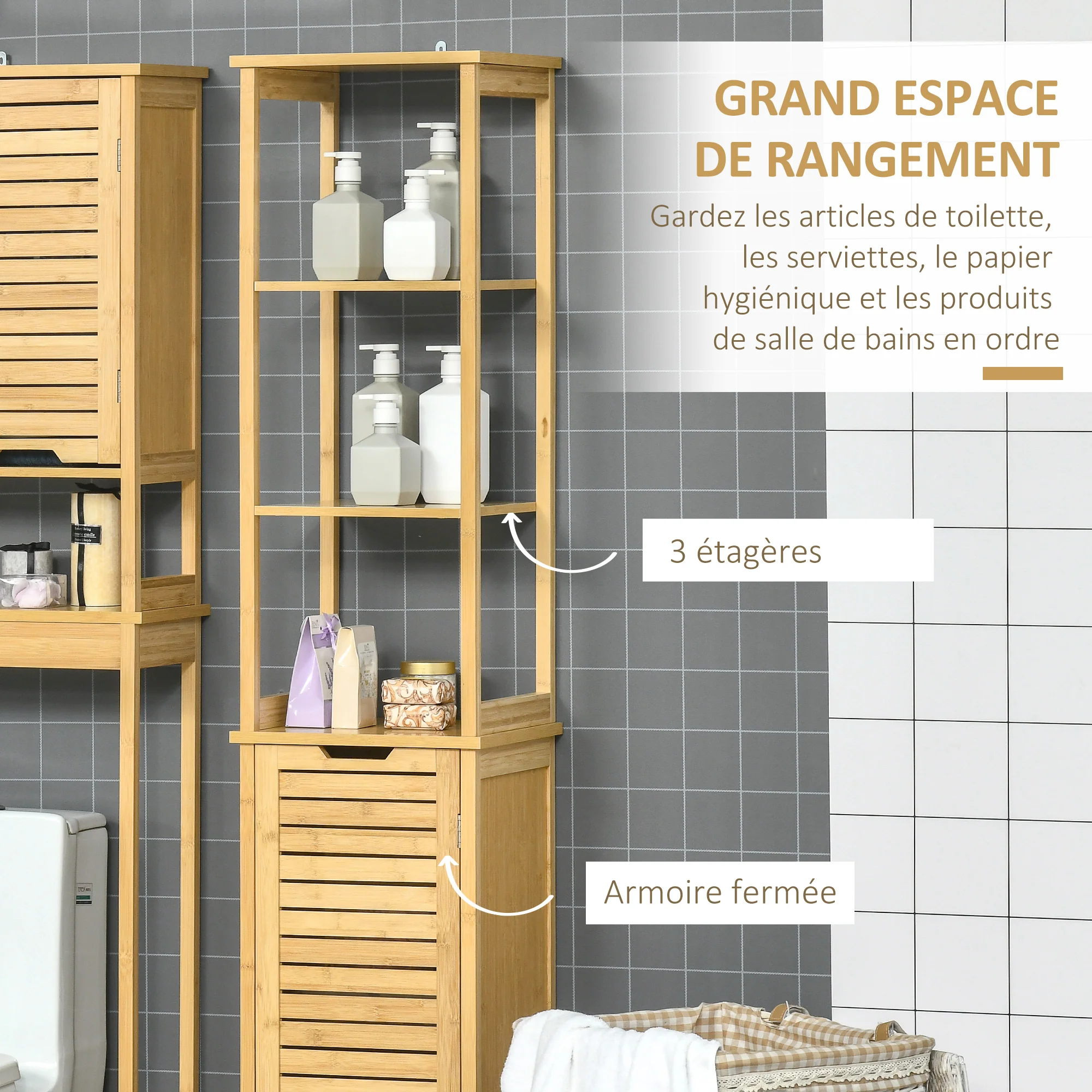 Meuble colonne de salle de bain avec 3 étagères et placard porte persienne en bambou - Image 6