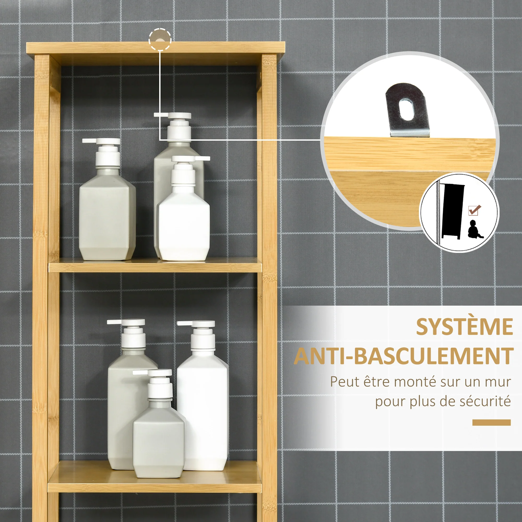 Meuble colonne de salle de bain avec 3 étagères et placard porte persienne en bambou - Image 8