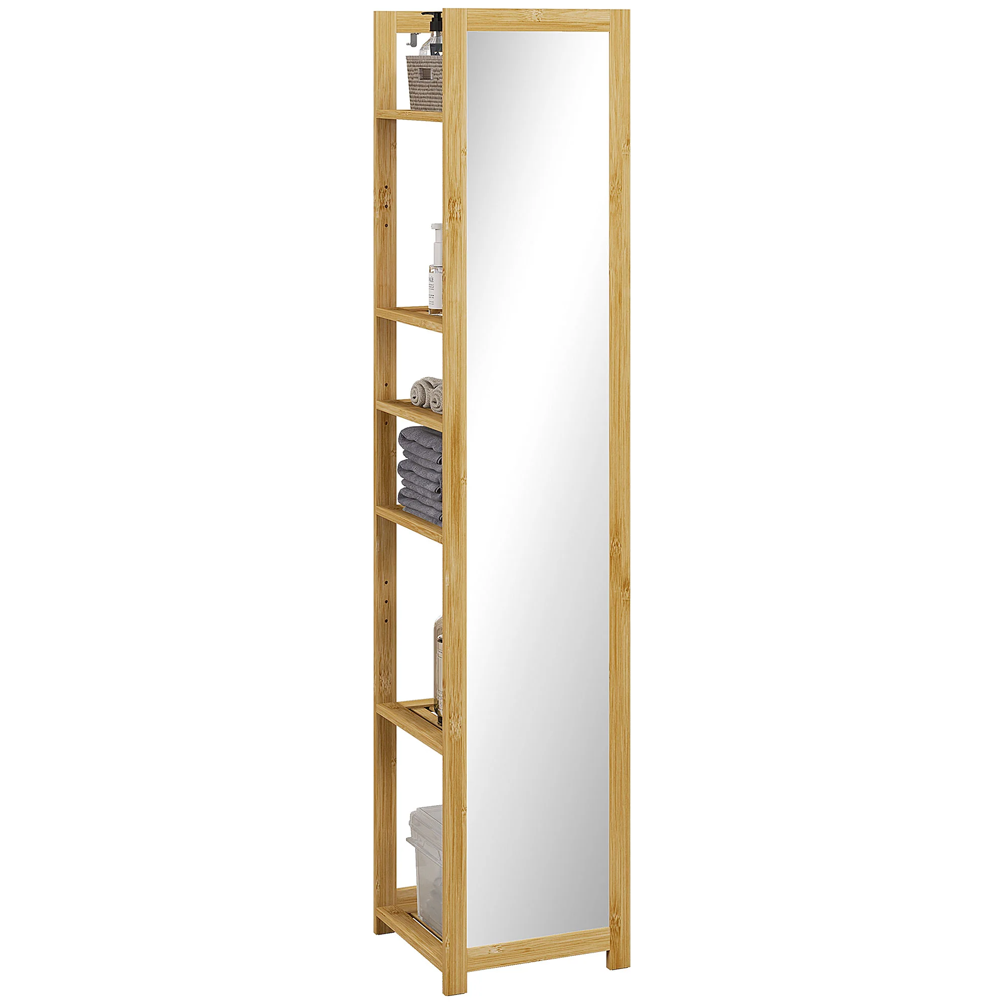 Meuble colonne de salle de bain avec miroir étagère de rangements à 6 étagères support en bambou naturel, 35L x 35l x 168H cm - Image 11