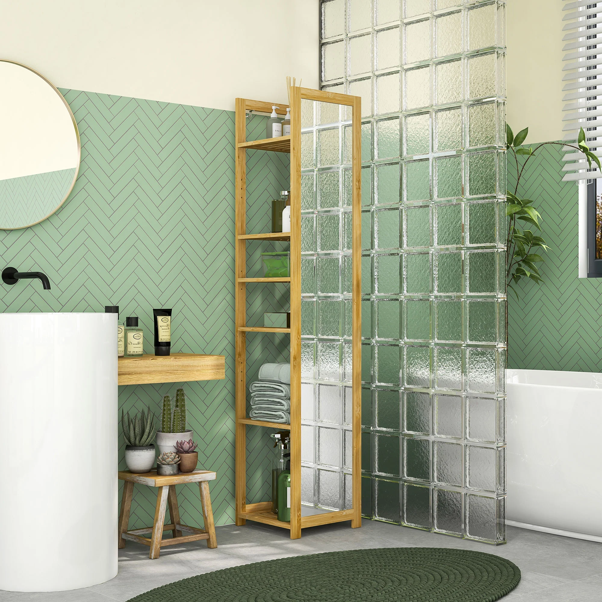 Meuble colonne de salle de bain avec miroir étagère de rangements à 6 étagères support en bambou naturel, 35L x 35l x 168H cm - Image 3