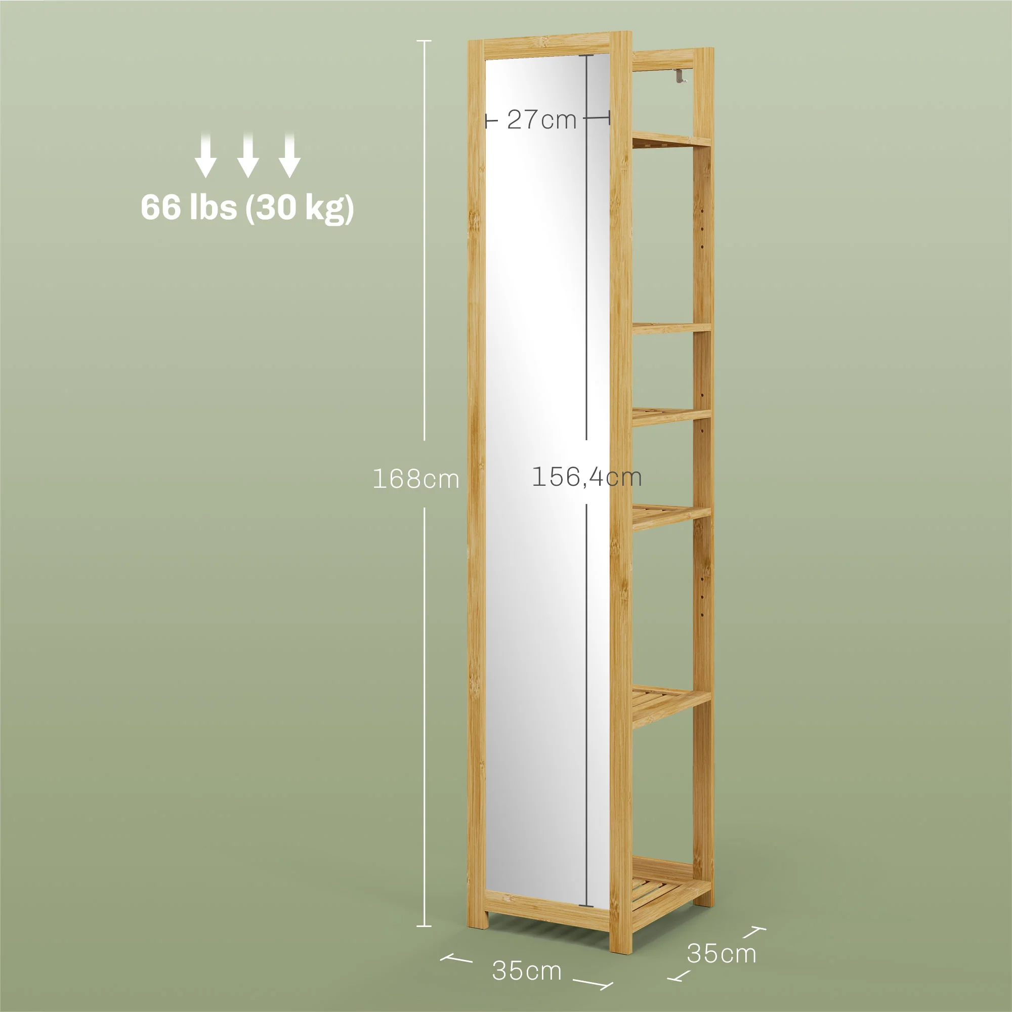 Meuble colonne de salle de bain avec miroir étagère de rangements à 6 étagères support en bambou naturel, 35L x 35l x 168H cm - Image 4