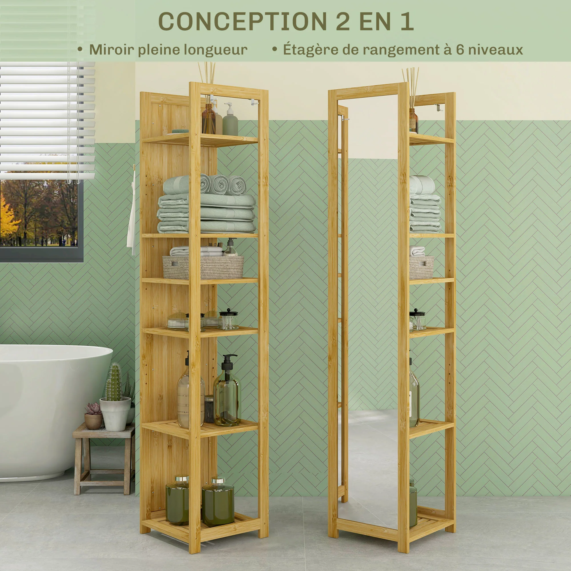 Meuble colonne de salle de bain avec miroir étagère de rangements à 6 étagères support en bambou naturel, 35L x 35l x 168H cm - Image 5