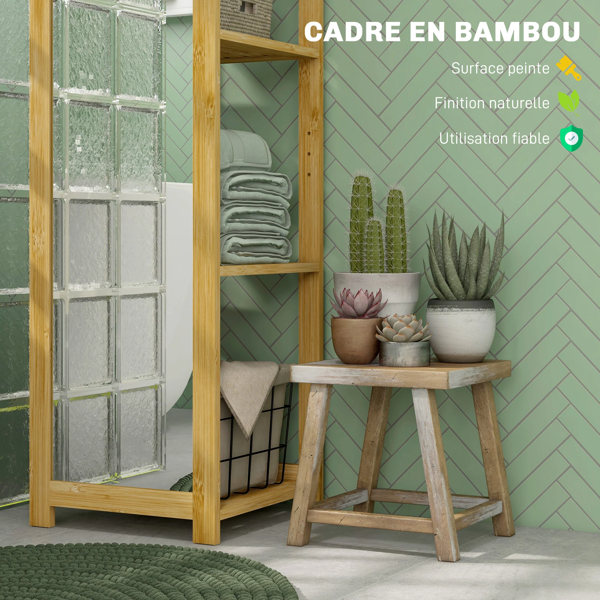 Meuble colonne de salle de bain avec miroir étagère de rangements à 6 étagères support en bambou naturel, 35L x 35l x 168H cm - Image 6