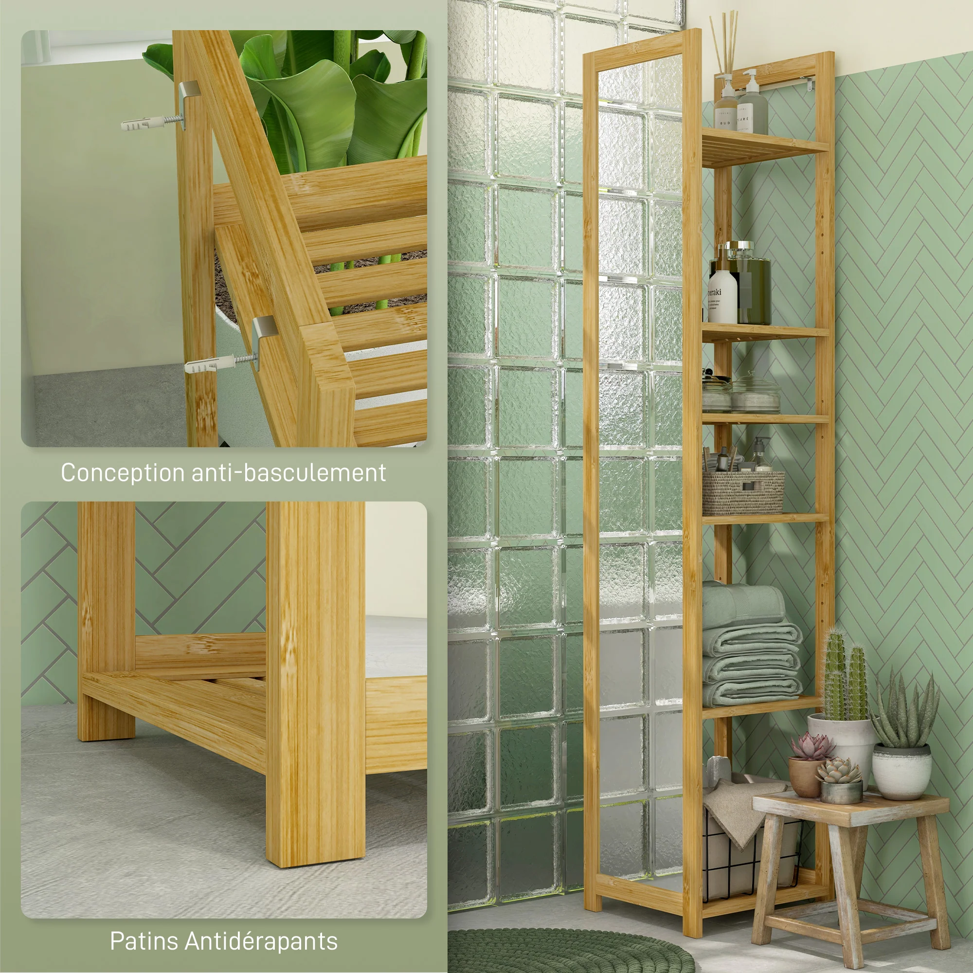 Meuble colonne de salle de bain avec miroir étagère de rangements à 6 étagères support en bambou naturel, 35L x 35l x 168H cm - Image 7