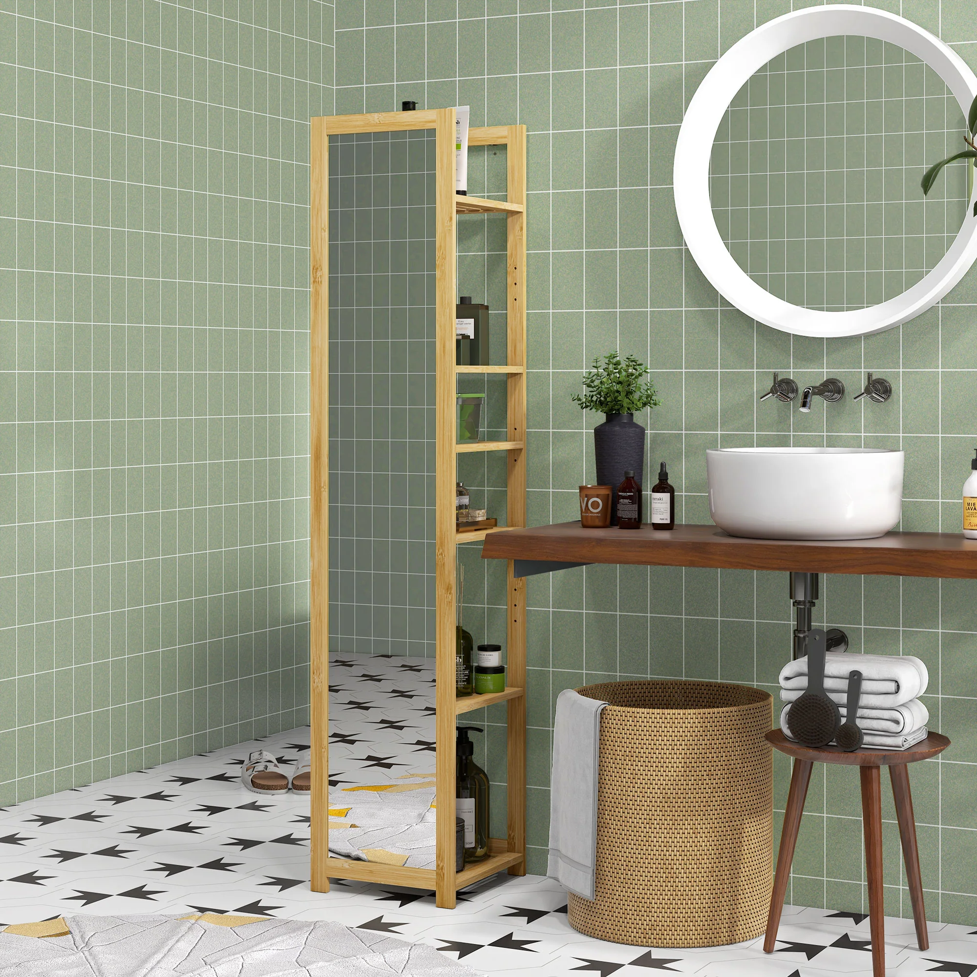 Meuble colonne de salle de bain avec miroir étagère de rangements à 6 étagères support en bambou naturel, 35L x 35l x 168H cm - Image 8