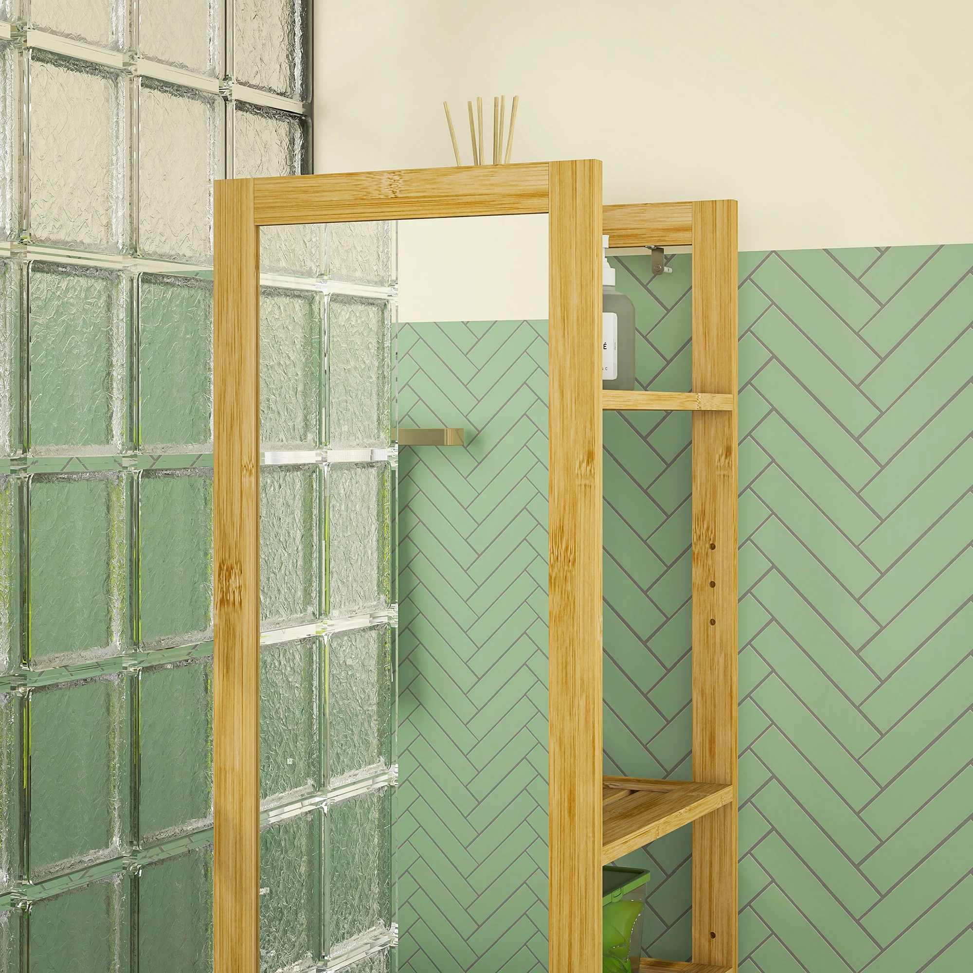 Meuble colonne de salle de bain avec miroir étagère de rangements à 6 étagères support en bambou naturel, 35L x 35l x 168H cm - Image 9