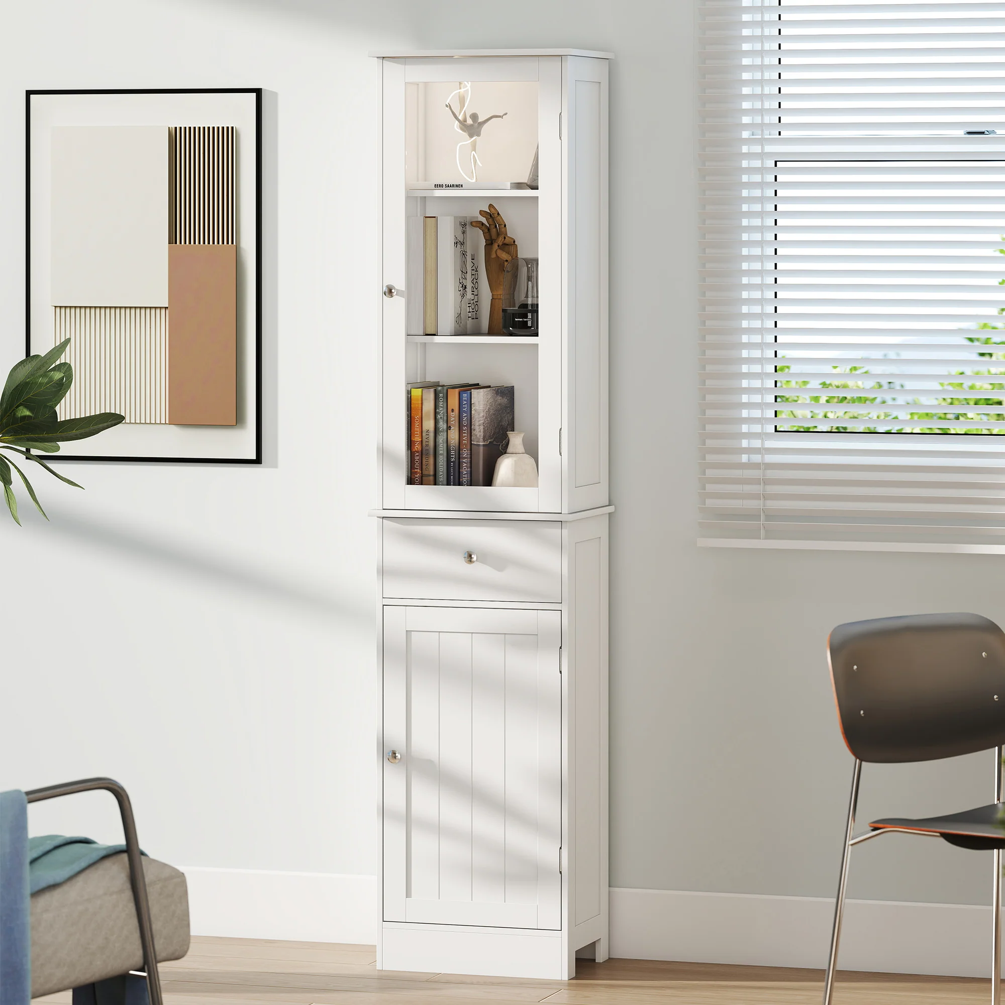 Meuble Colonne de Salle de Bain Placard Porte Acrylique 2 étagères Placard Porte 1 étagère tiroir MDF Blanc - Image 10