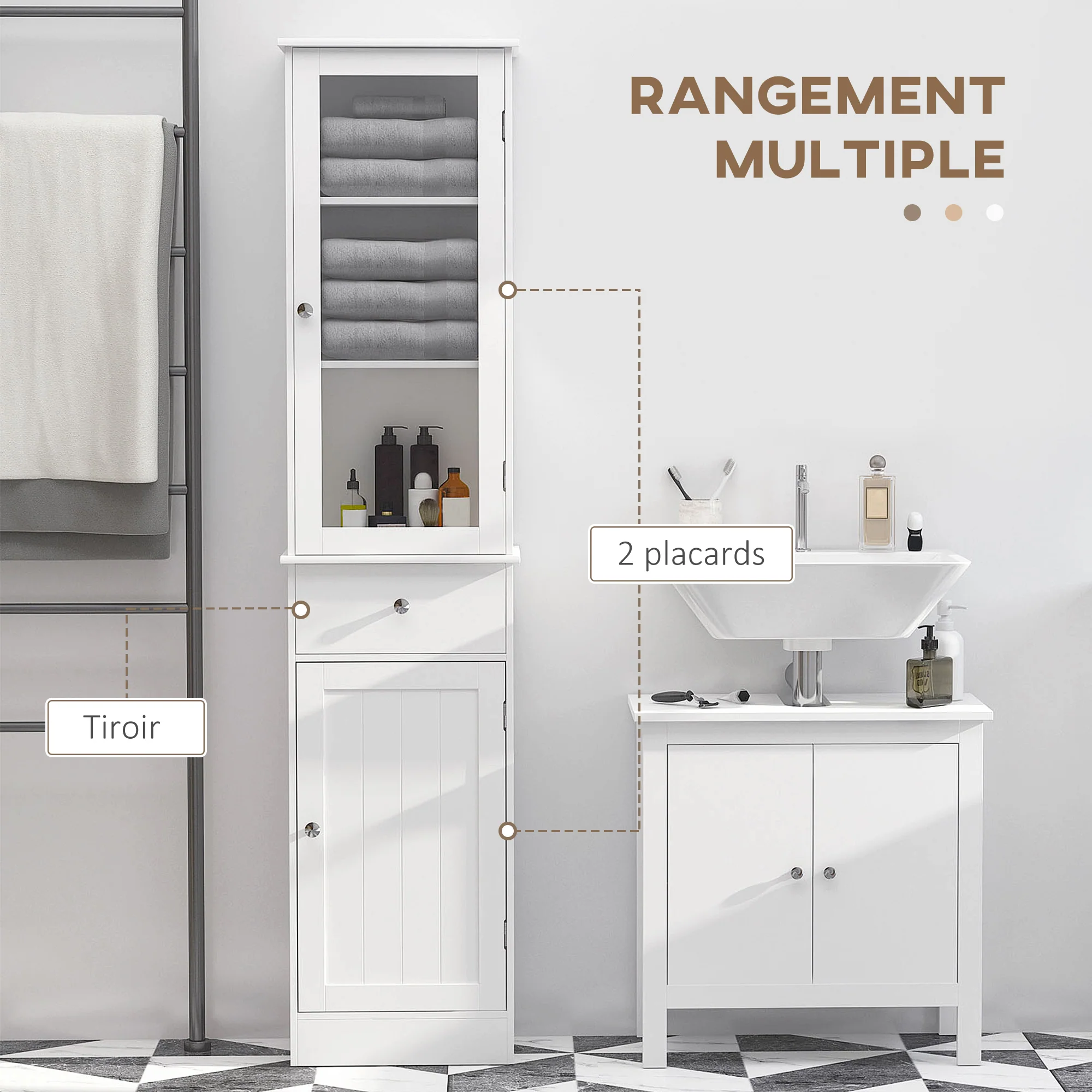 Meuble Colonne de Salle de Bain Placard Porte Acrylique 2 étagères Placard Porte 1 étagère tiroir MDF Blanc - Image 5