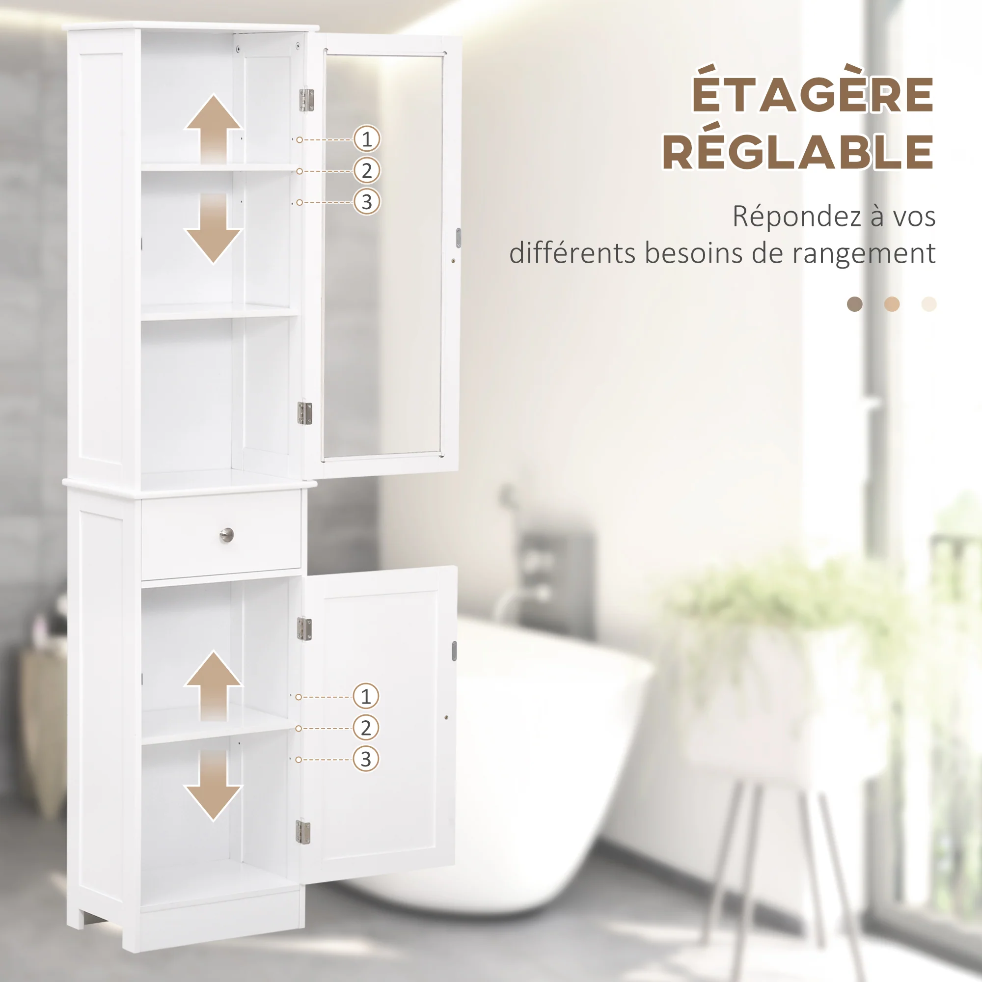 Meuble Colonne de Salle de Bain Placard Porte Acrylique 2 étagères Placard Porte 1 étagère tiroir MDF Blanc - Image 7