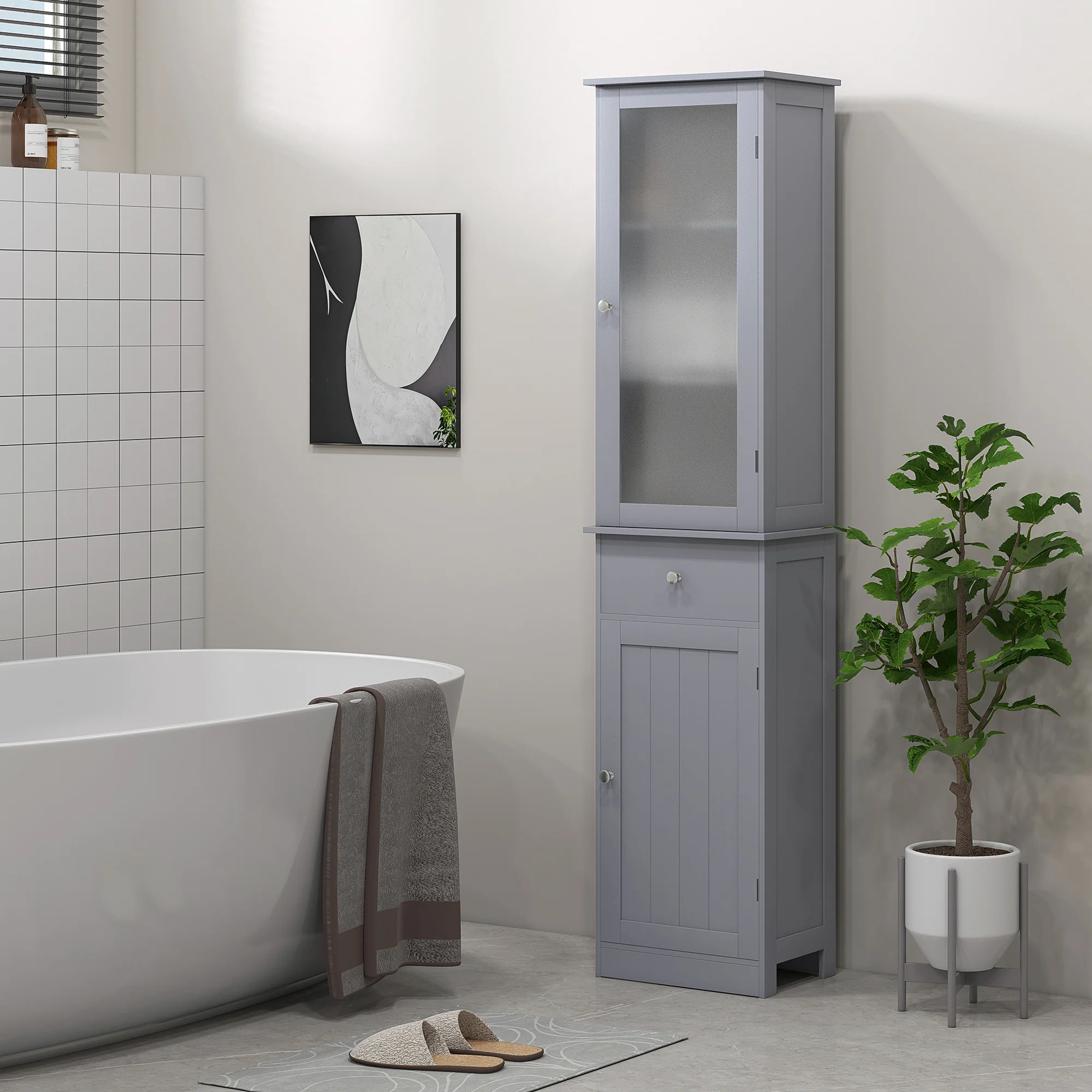 Meuble Colonne de Salle de Bain Placard Porte Acrylique 2 étagères Placard Porte 1 étagère tiroir MDF Gris - Image 3