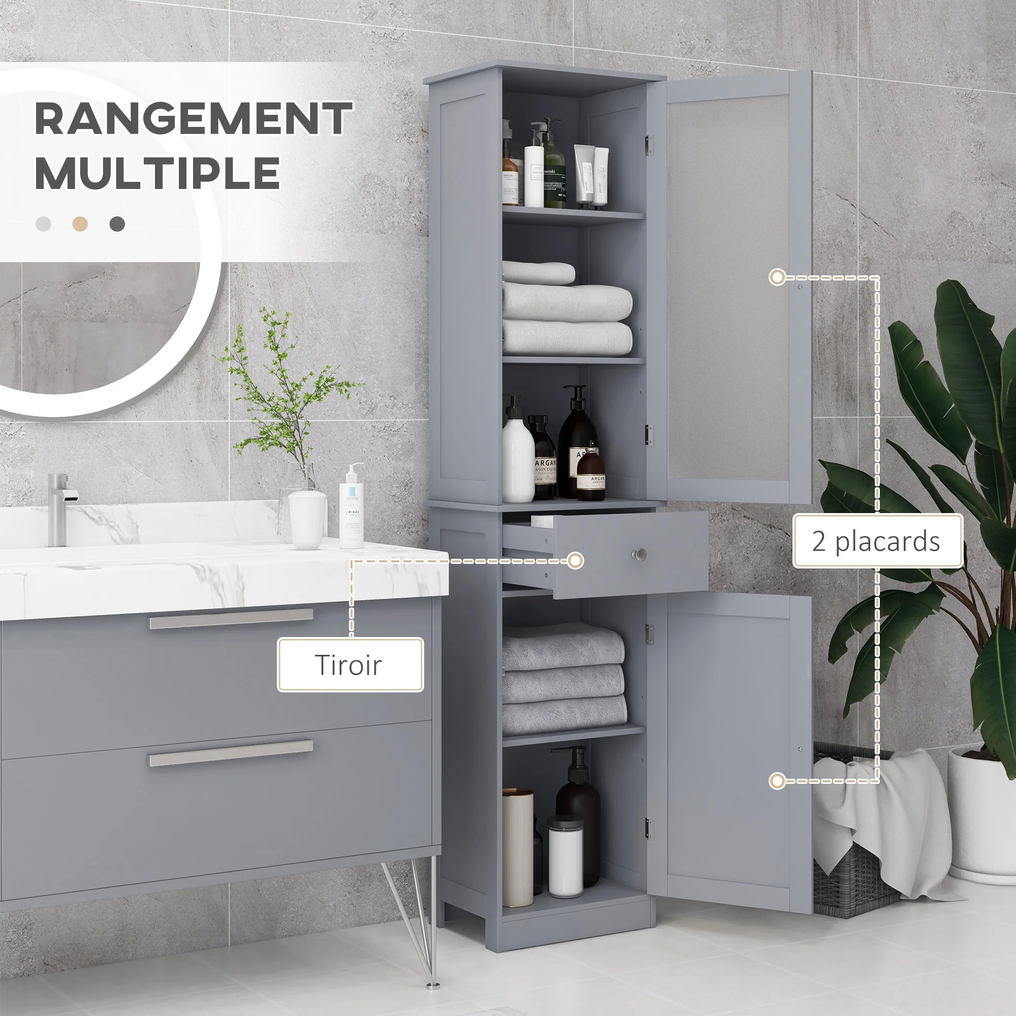 Meuble Colonne de Salle de Bain Placard Porte Acrylique 2 étagères Placard Porte 1 étagère tiroir MDF Gris - Image 5