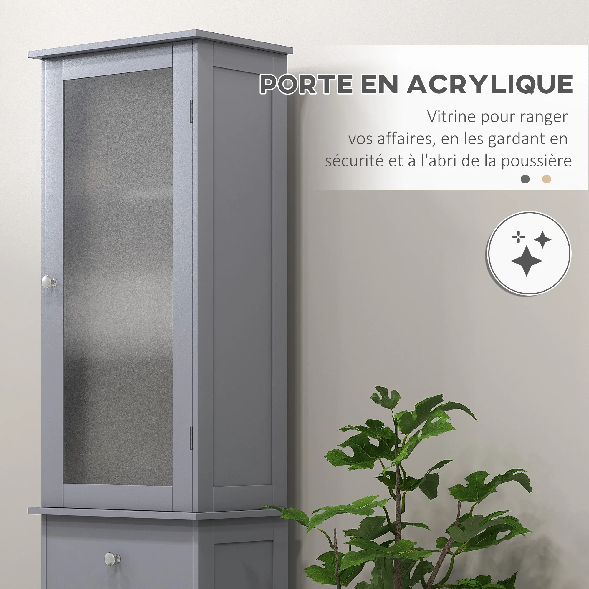 Meuble Colonne de Salle de Bain Placard Porte Acrylique 2 étagères Placard Porte 1 étagère tiroir MDF Gris - Image 6